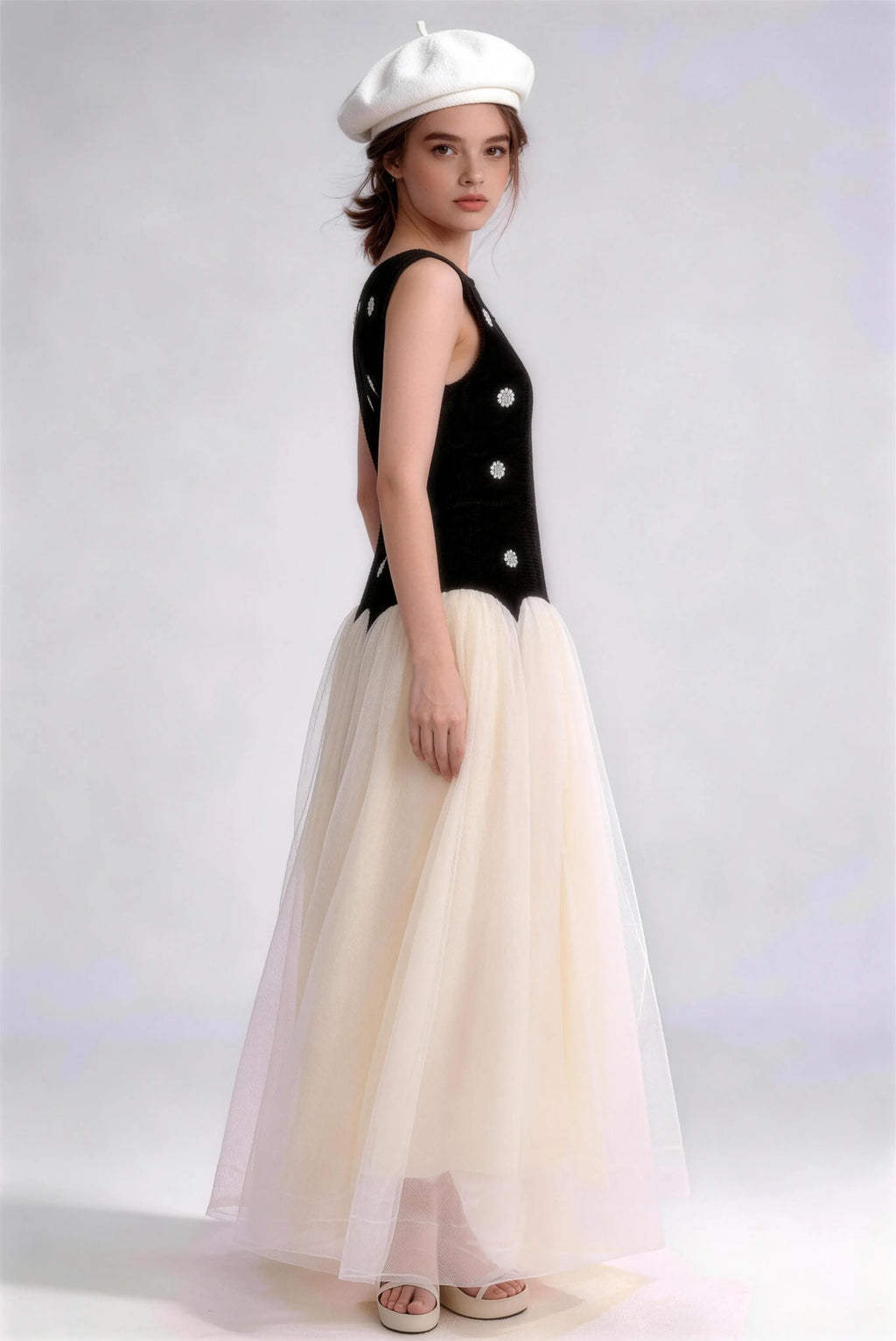 Phoehua Luxury Beaded Tulle Flowy Maxi Dress, Side View Sleeveless Formal Cocktail Dress