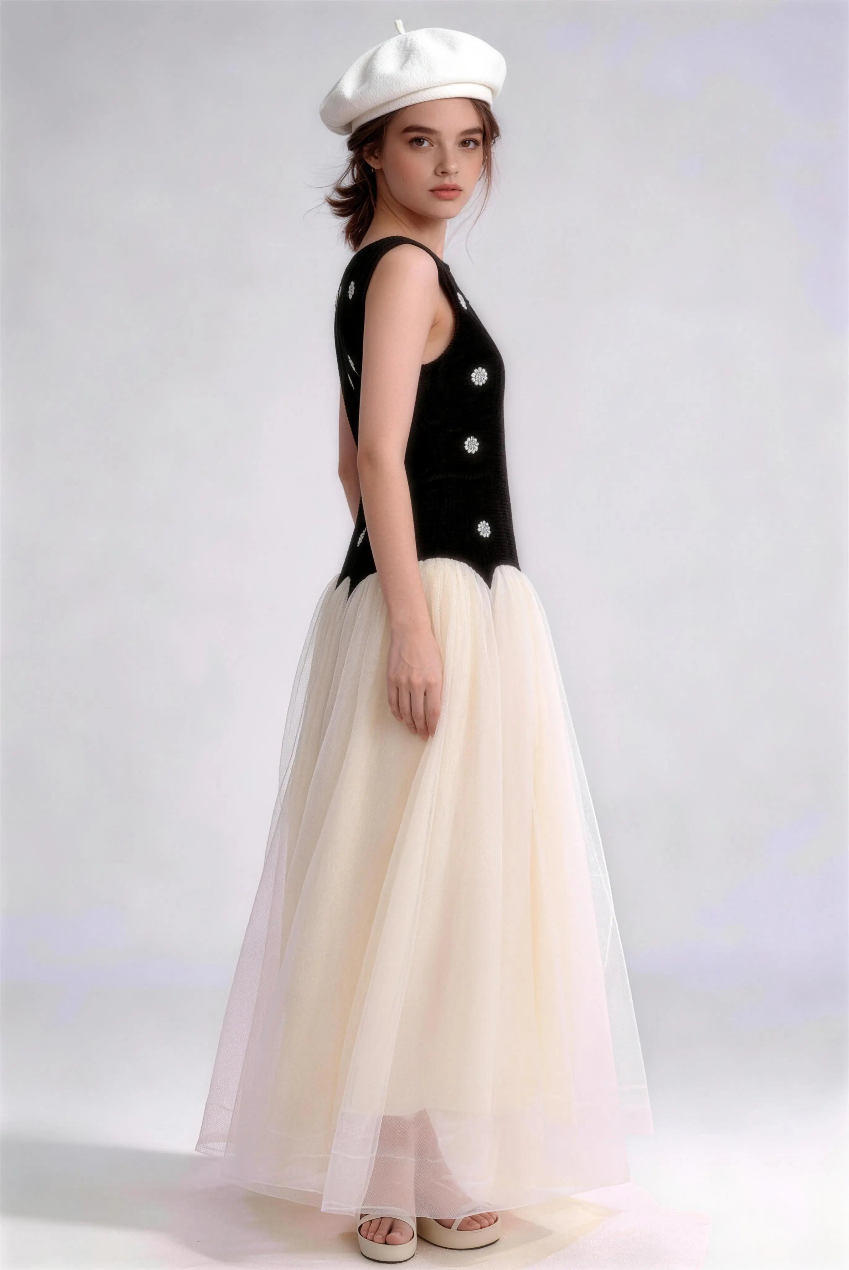 Phoehua Luxury Beaded Tulle Flowy Maxi Dress, Side View Sleeveless Formal Cocktail Dress