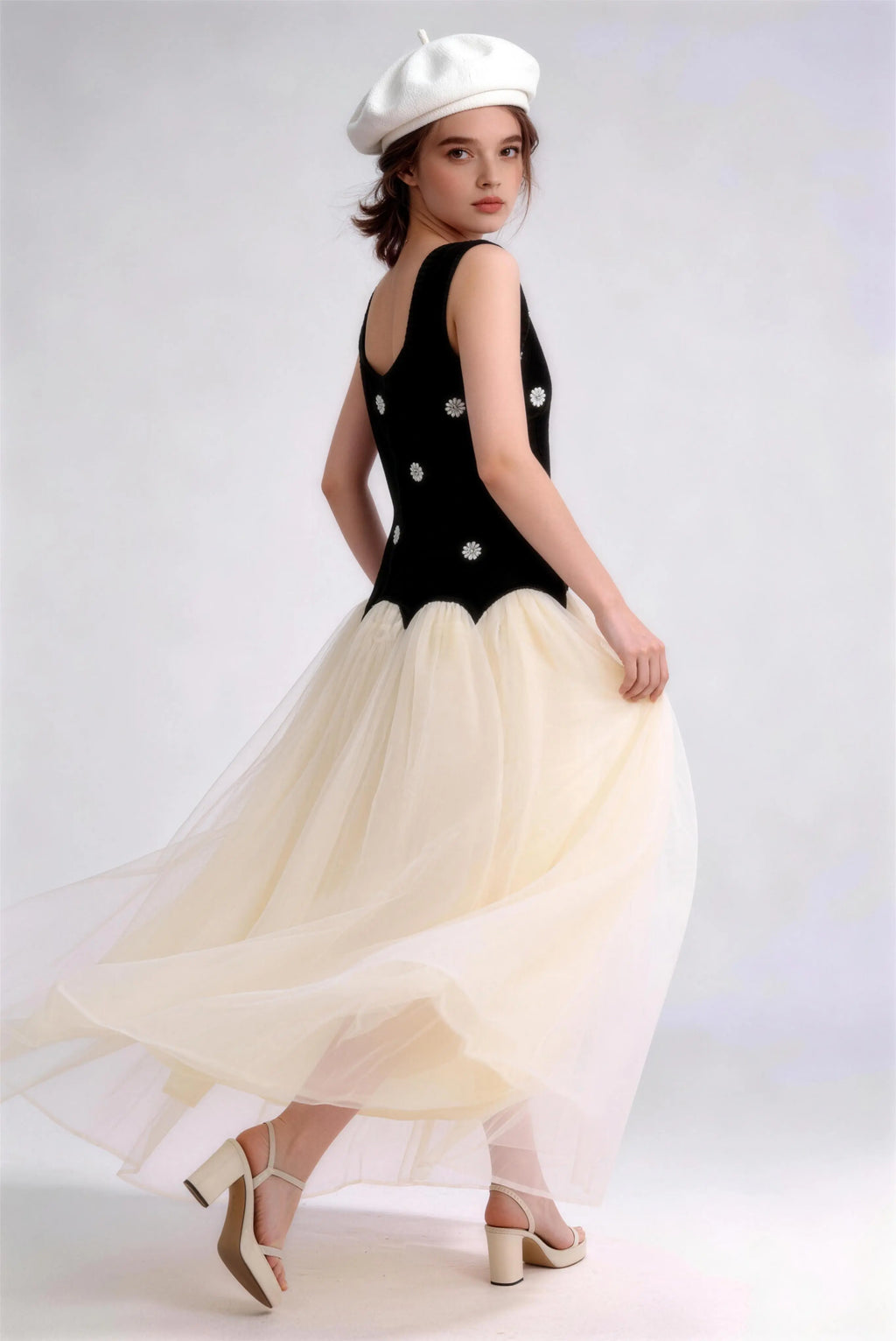 Phoehua Stunning Floral Beaded Tulle Maxi Dress, Back View Backless Formal Evening Gown