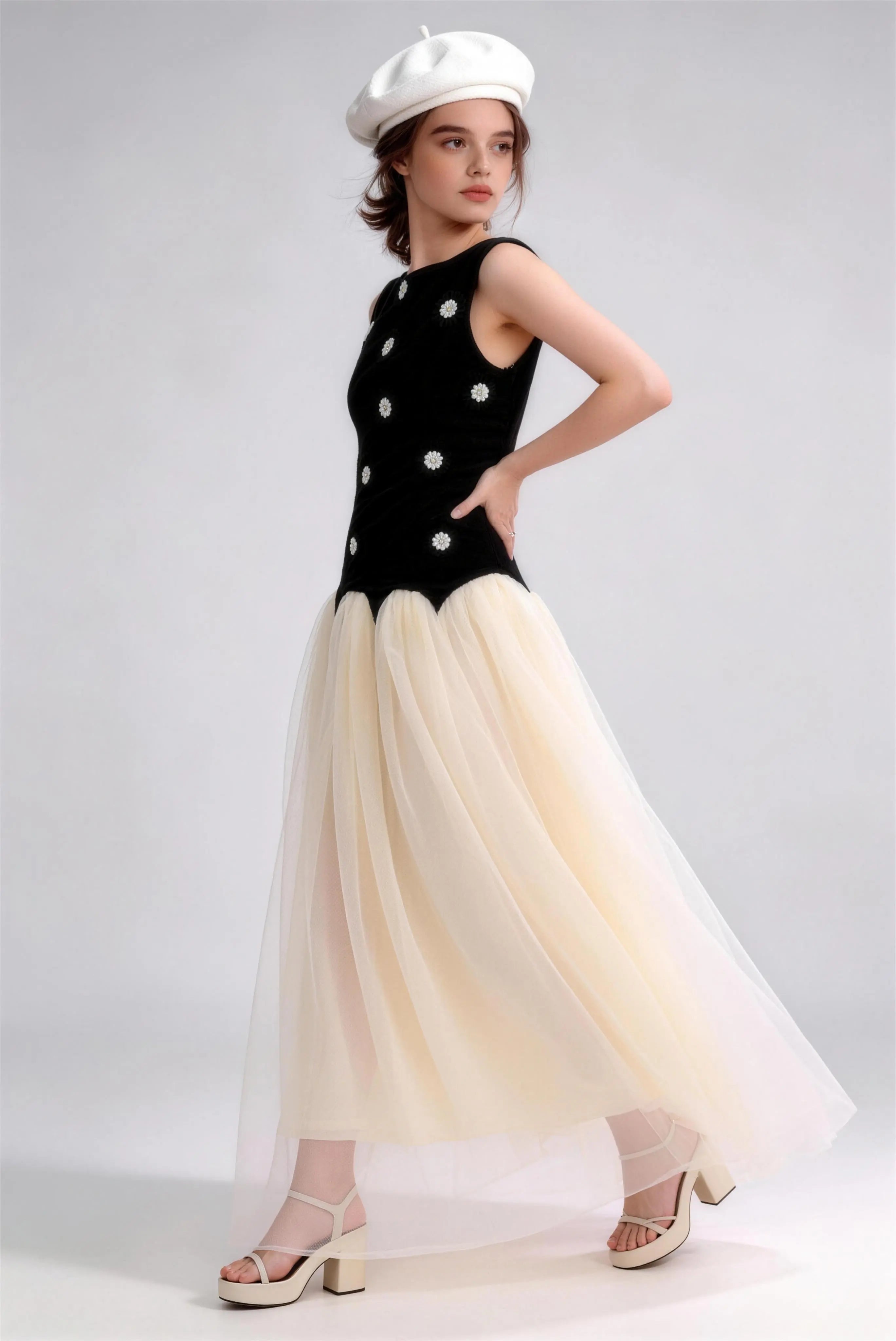 Phoehua Chic High Waist Tulle Flowy Dress, Walking Pose French Style Formal Dress for Weddings