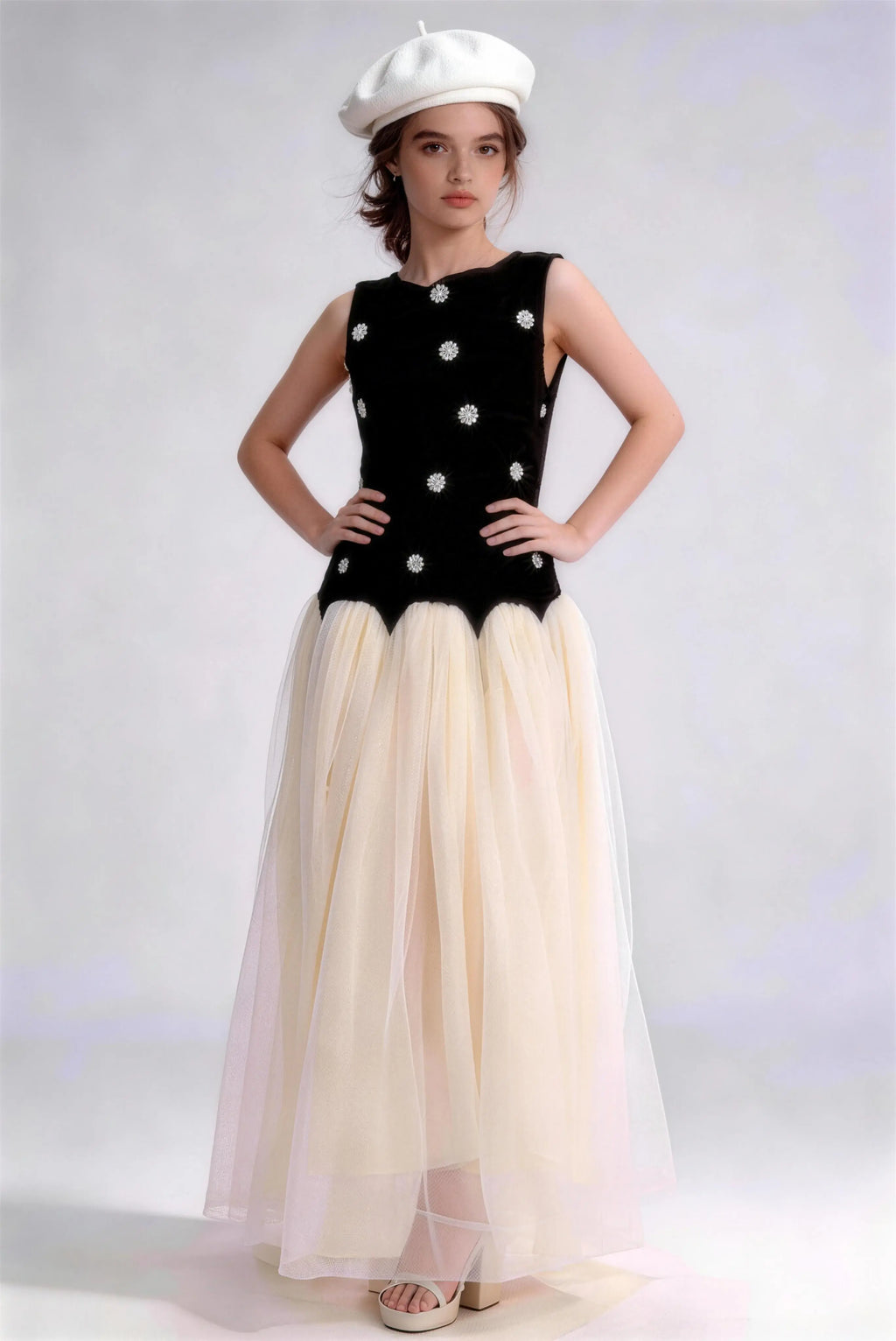 Phoehua Elegant Black And Cream Floral Beaded Tulle Maxi Dress, Front Pose Sleeveless Formal Evening Gown