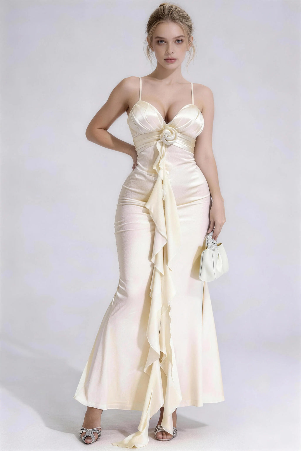 Phoehua Elegant Champagne Satin Spaghetti Strap Mermaid Maxi Dress, Front View 3D Rose Ruffle Formal Evening Gown