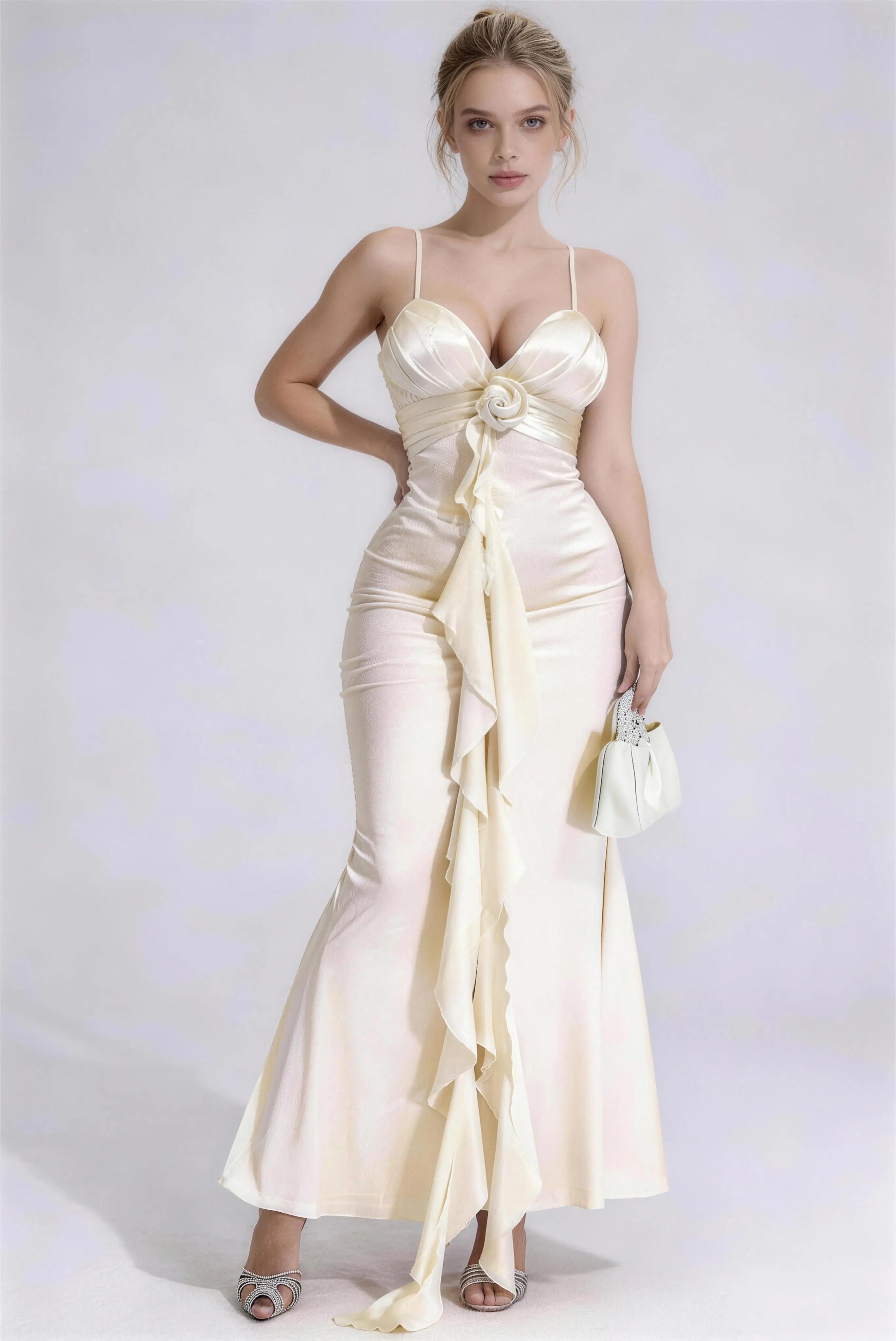 Phoehua Elegant Champagne Satin Spaghetti Strap Mermaid Maxi Dress, Front View 3D Rose Ruffle Formal Evening Gown