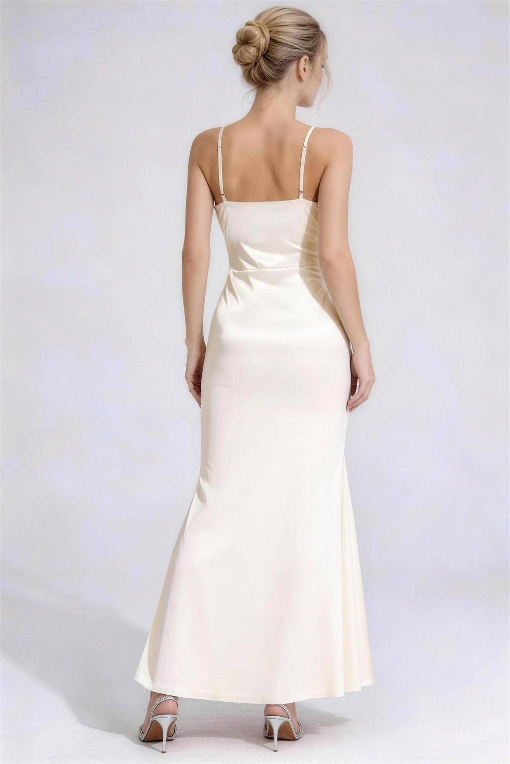 Phoehua Luxury Satin Mermaid Maxi Dress, Back View Sleeveless Formal Cocktail Dress