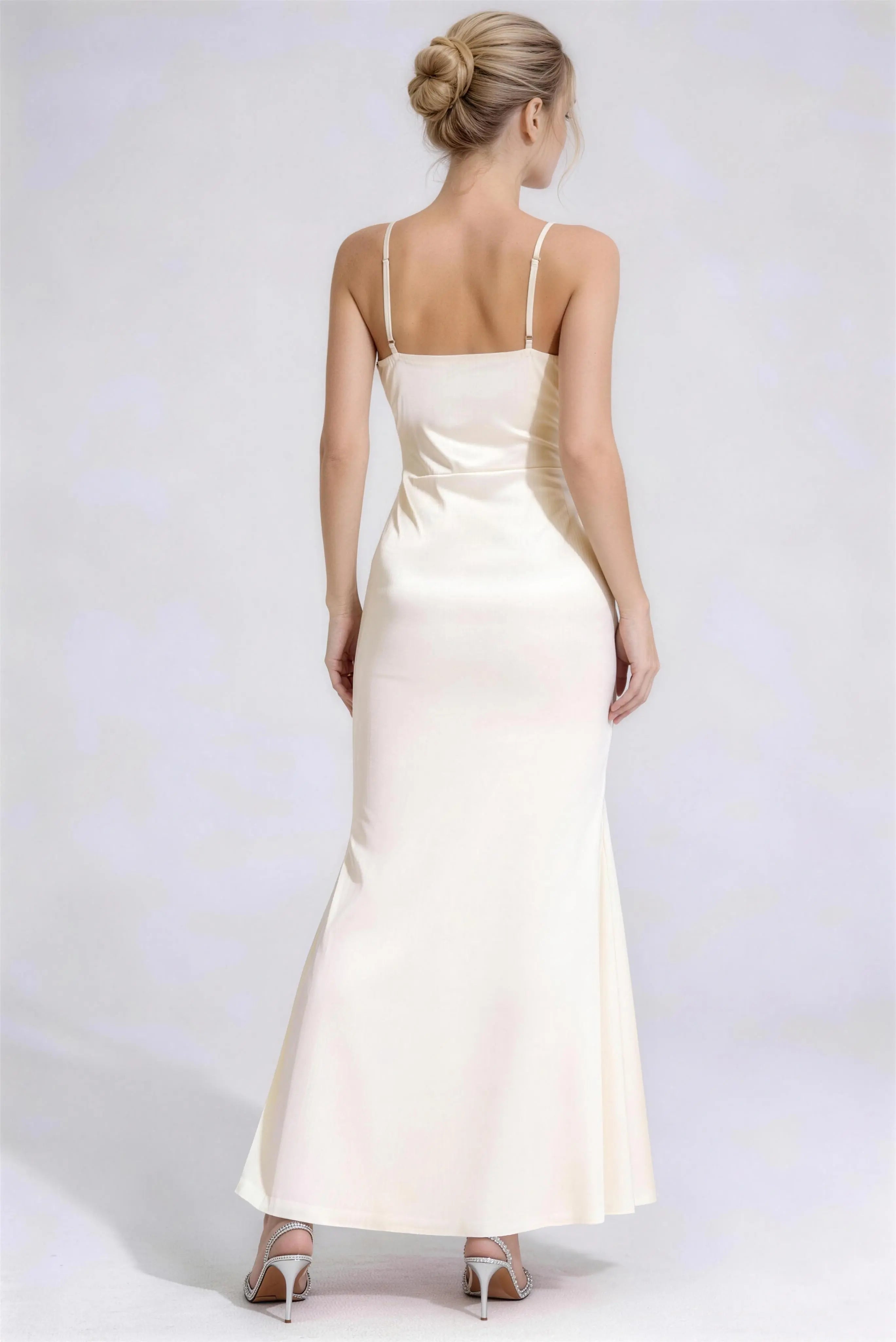 Phoehua Luxury Satin Mermaid Maxi Dress, Back View Sleeveless Formal Cocktail Dress