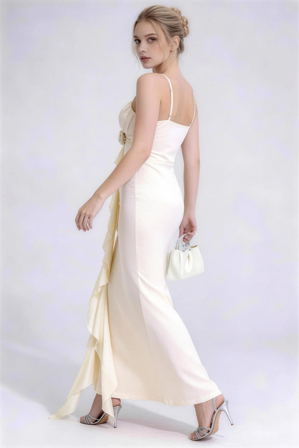 Phoehua Chic Spaghetti Strap Satin Mermaid Dress, Walking Pose Champagne Formal Party Dress
