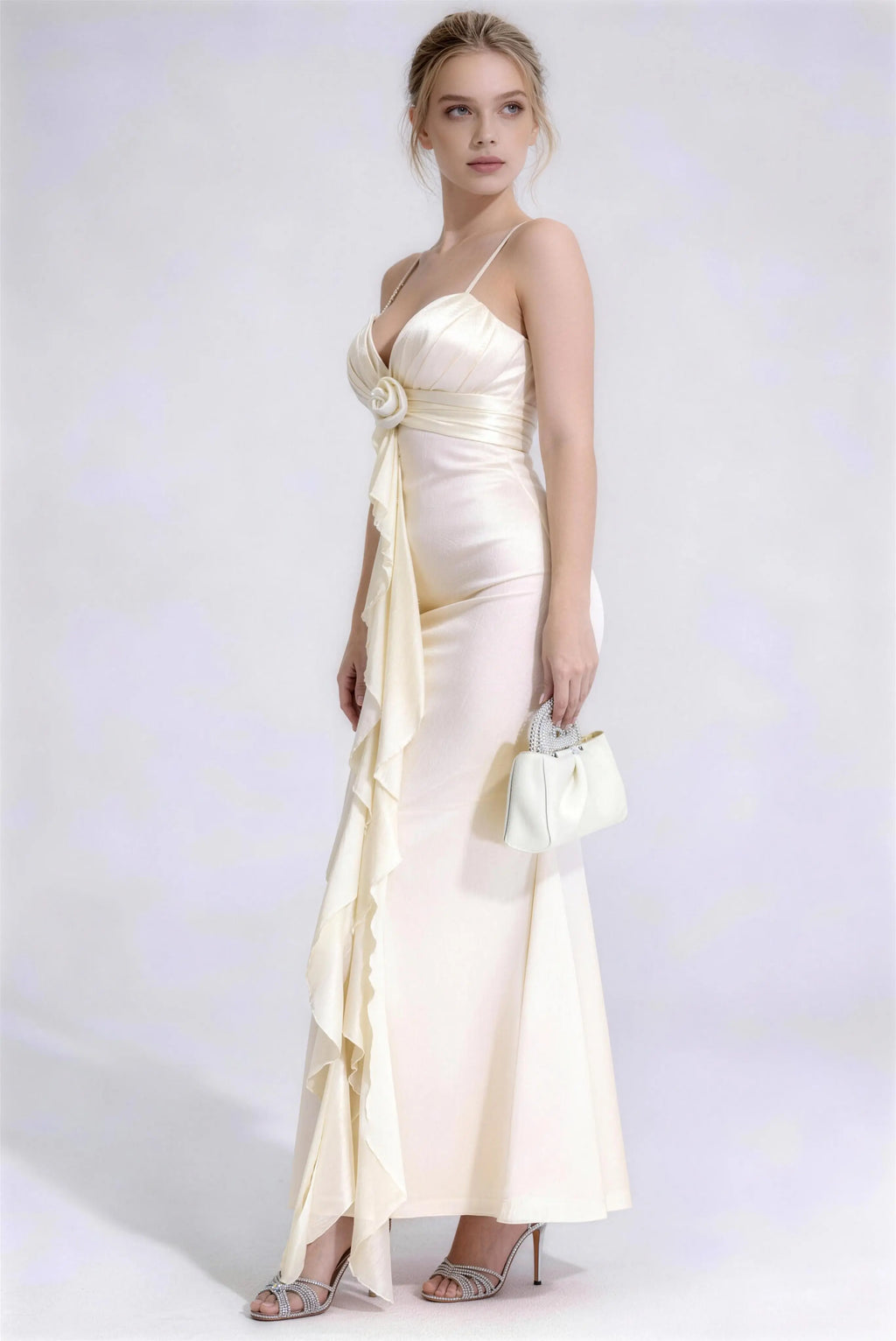 Phoehua Stunning 3D Rose Ruffle Satin Mermaid Dress, Side View Formal Evening Gown