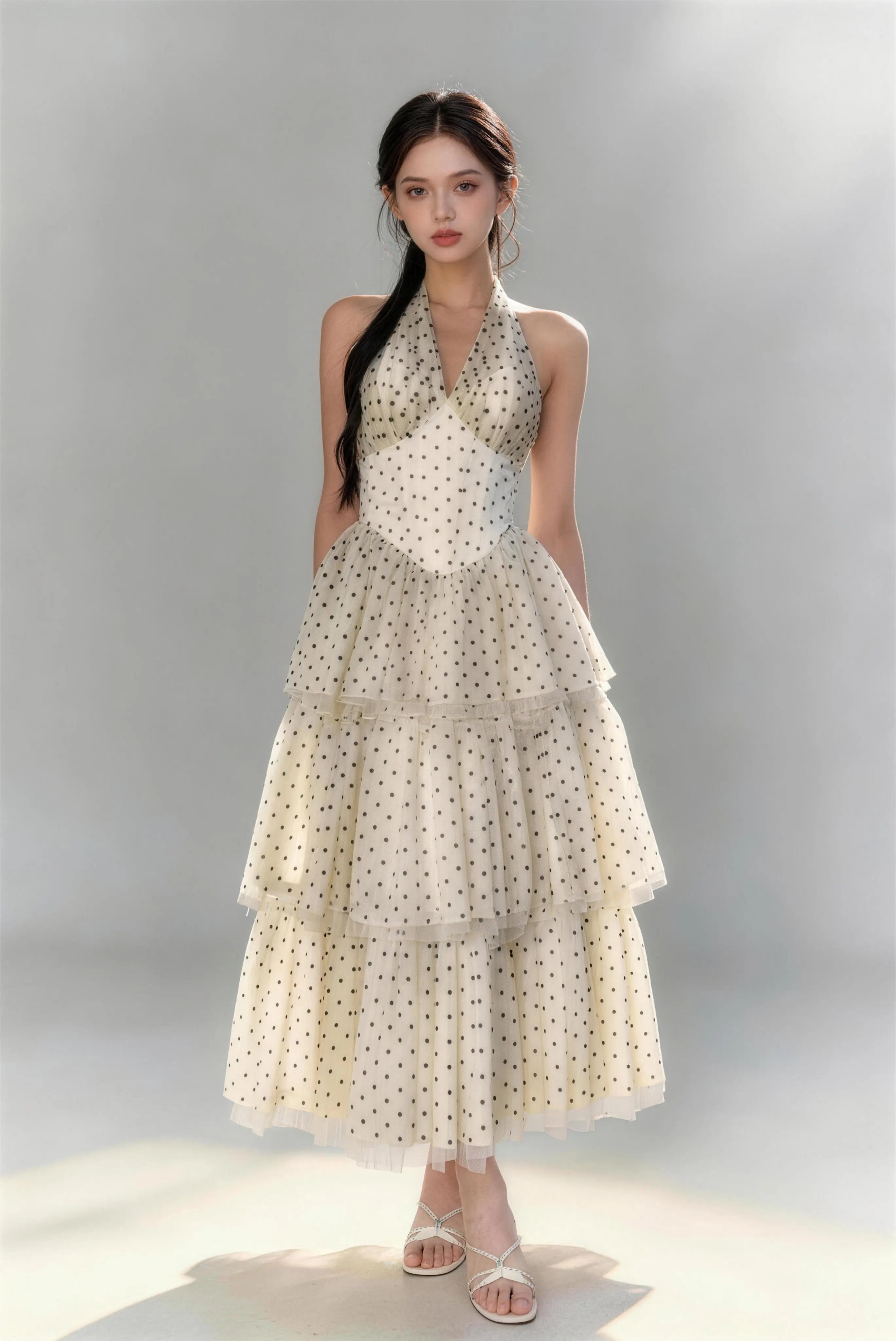 Phoehua Elegant Halter Neck Polka Dot Tiered Tulle Maxi Dress, Front View High Waist A-Line Sweet Summer Dress