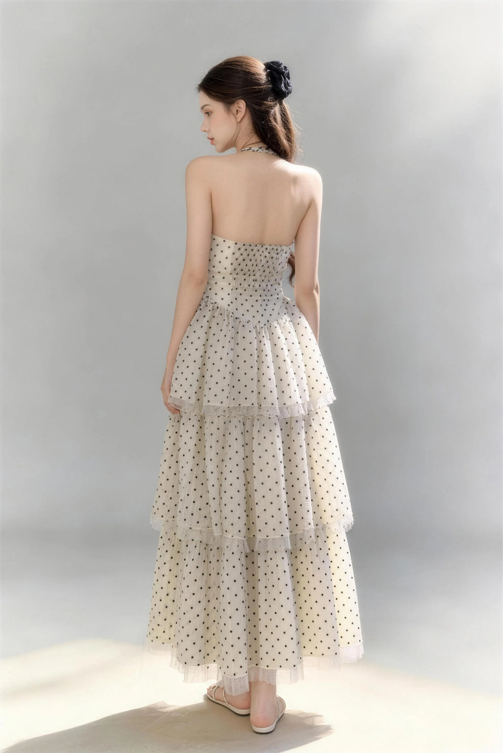 Phoehua Luxury Polka Dot Tiered Tulle Maxi Dress, Back View Backless Halter Neck Formal Cocktail Dress