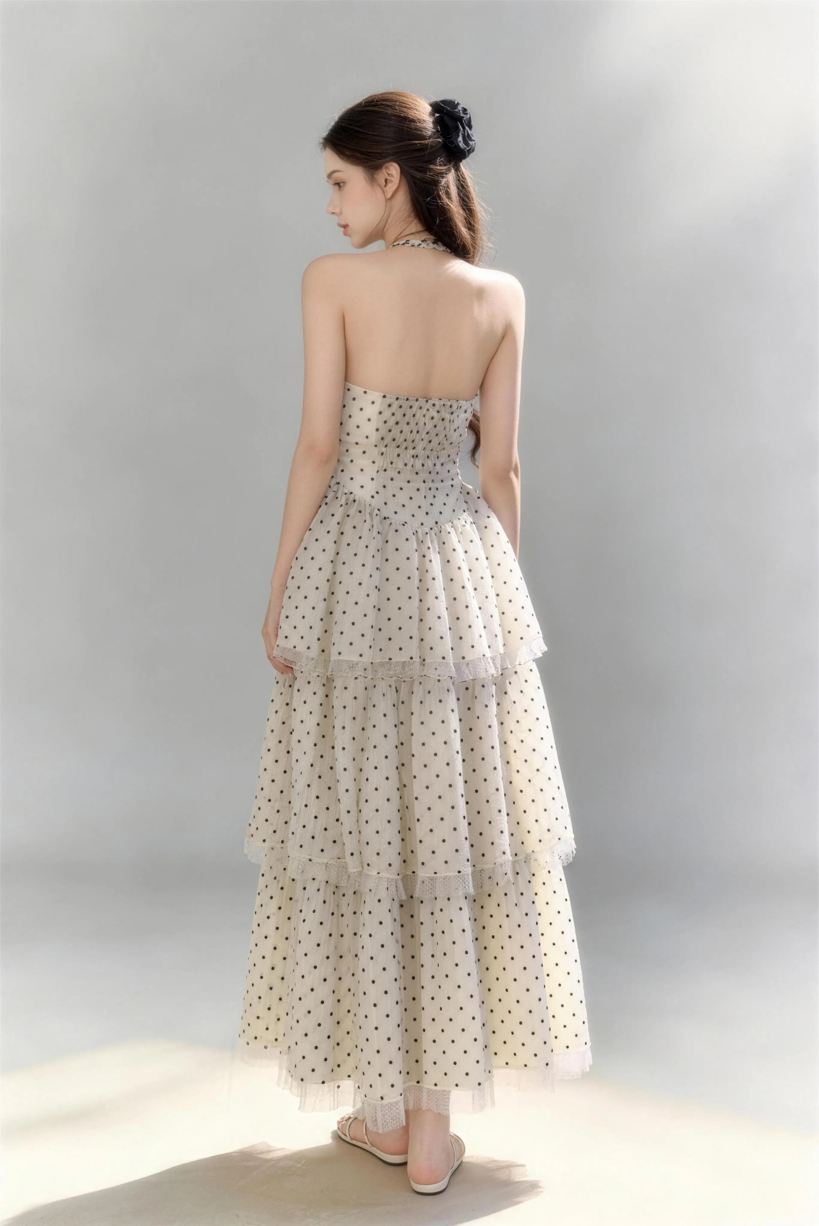 Phoehua Luxury Polka Dot Tiered Tulle Maxi Dress, Back View Backless Halter Neck Formal Cocktail Dress