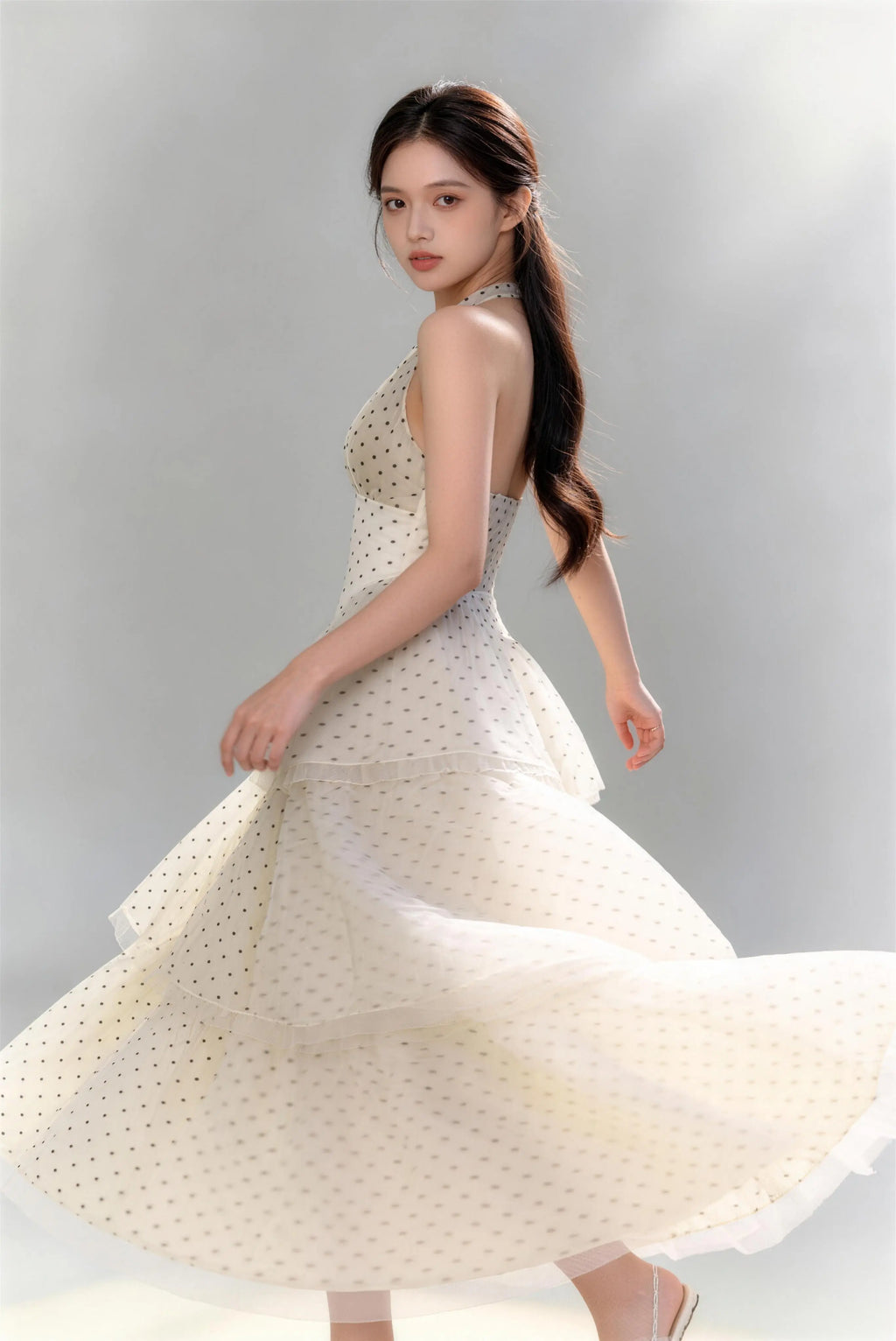 Phoehua Stunning Halter Polka Dot Tiered Tulle Dress, Walking Pose Flowy Summer Vacation Dress