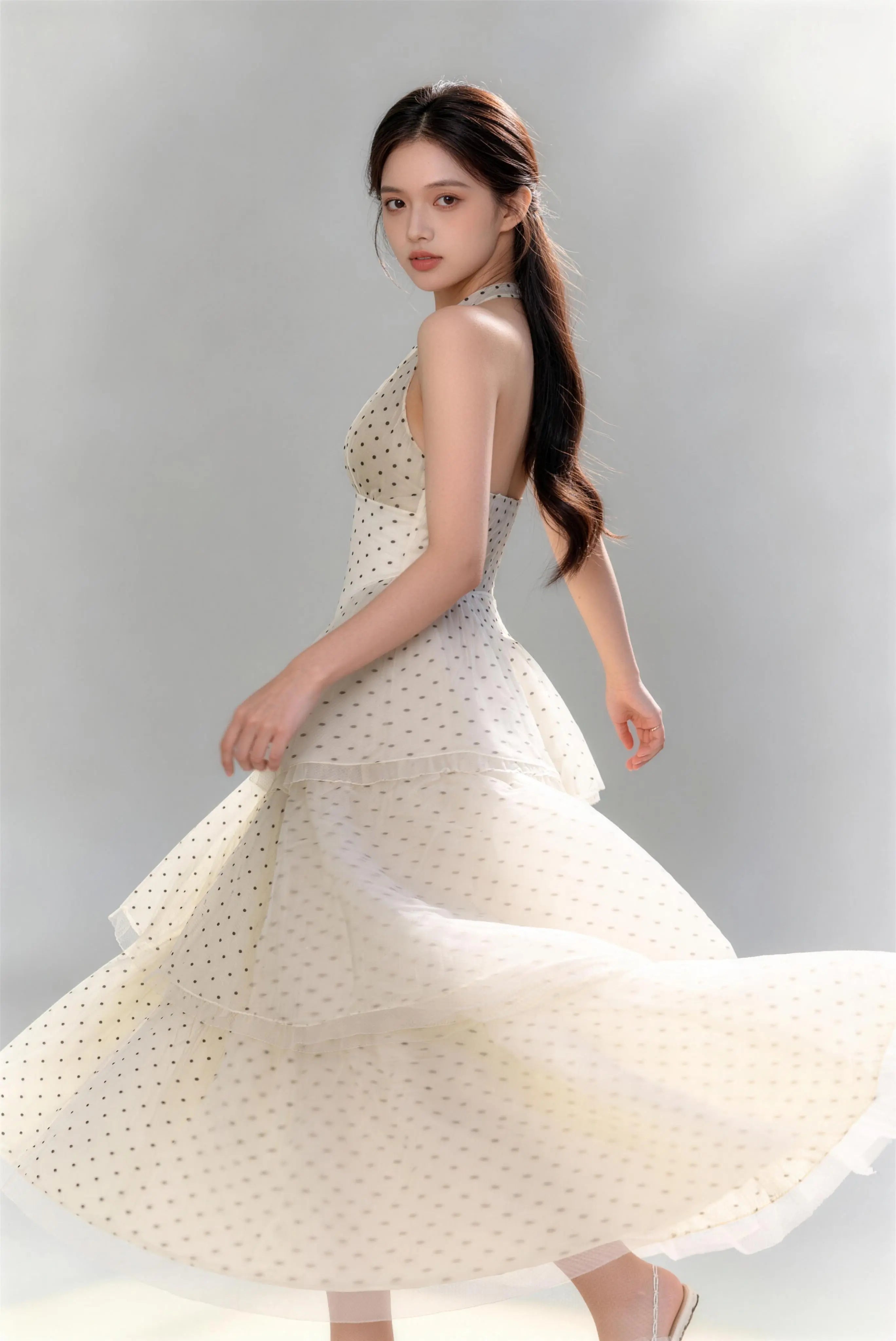 Phoehua Stunning Halter Polka Dot Tiered Tulle Dress, Walking Pose Flowy Summer Vacation Dress