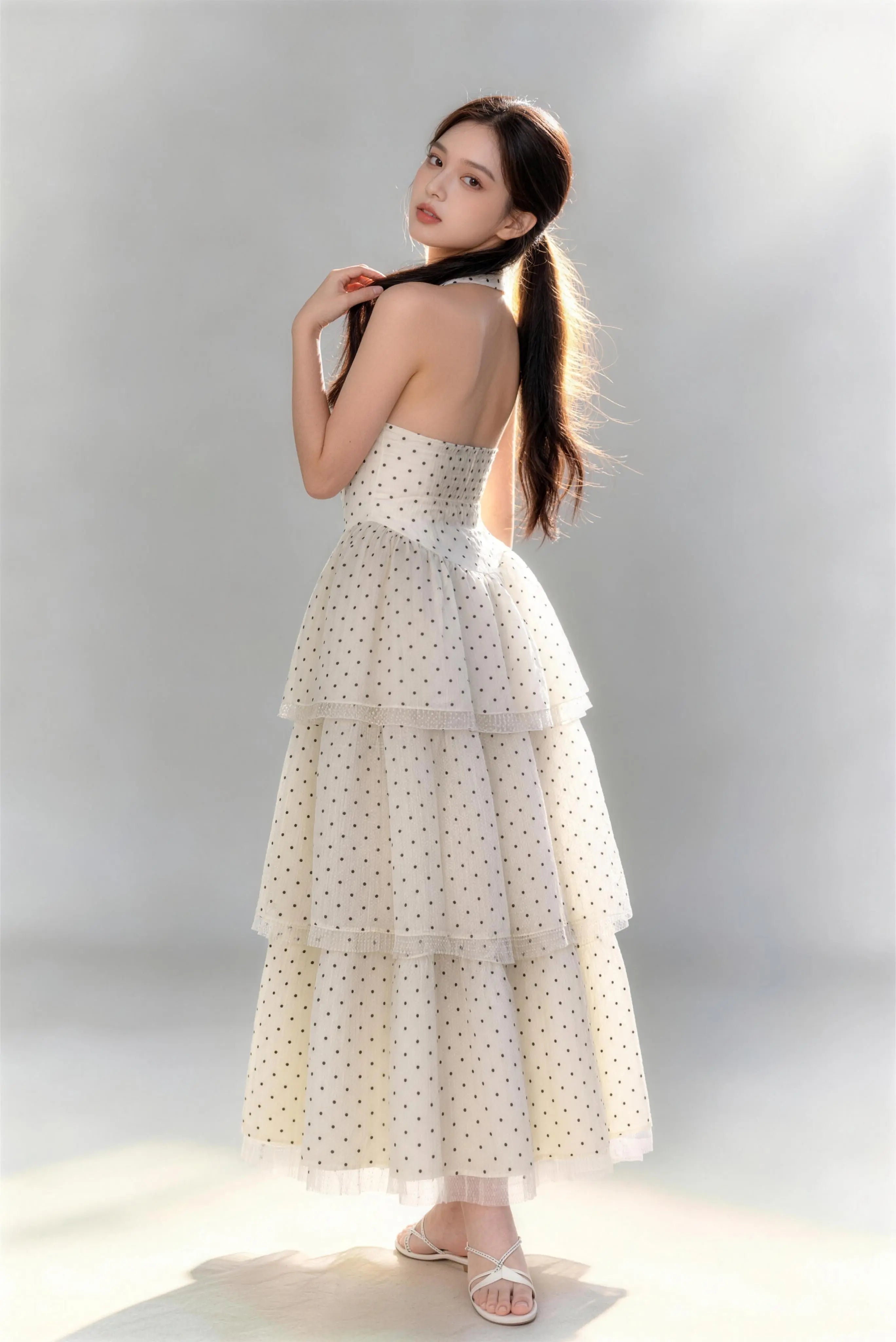 Phoehua Chic Backless Halter Tiered Tulle Maxi Dress, Back Pose Sweet Style Formal Evening Gown