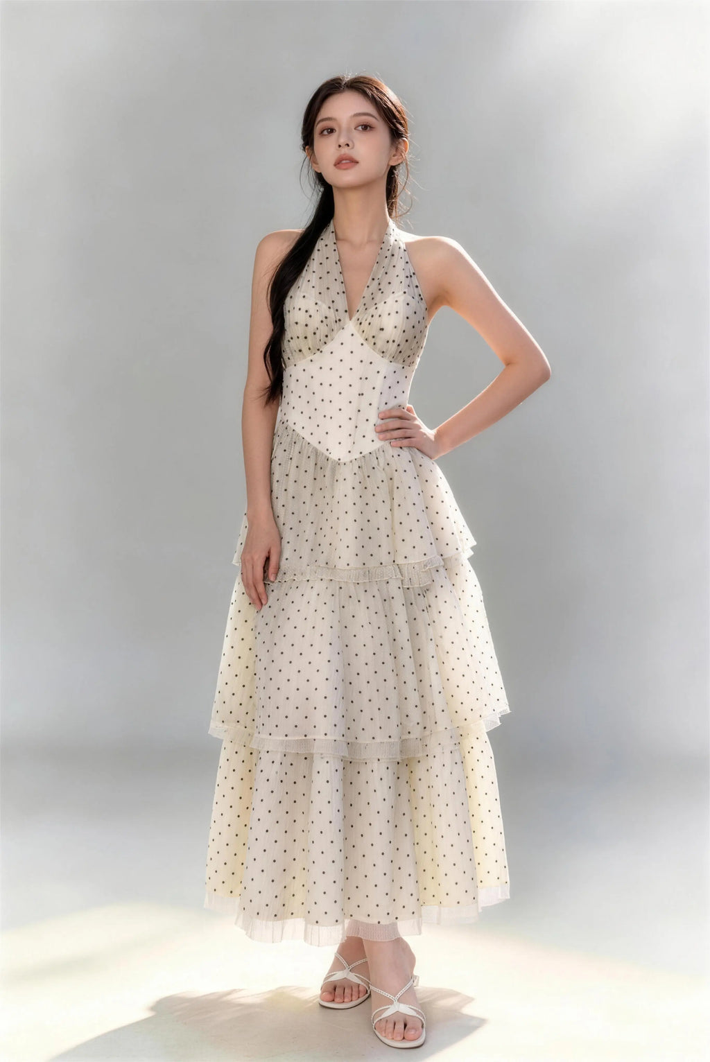 Phoehua Elegant Cream Polka Dot Halter Tiered Tulle Maxi Dress, Front Pose High Waist A-Line Summer Dress