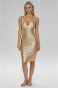Phoehua Elegant Gold Metallic Spaghetti Strap Bodycon Midi Dress, Front View V-Neck Ruched Formal Cocktail Gown
