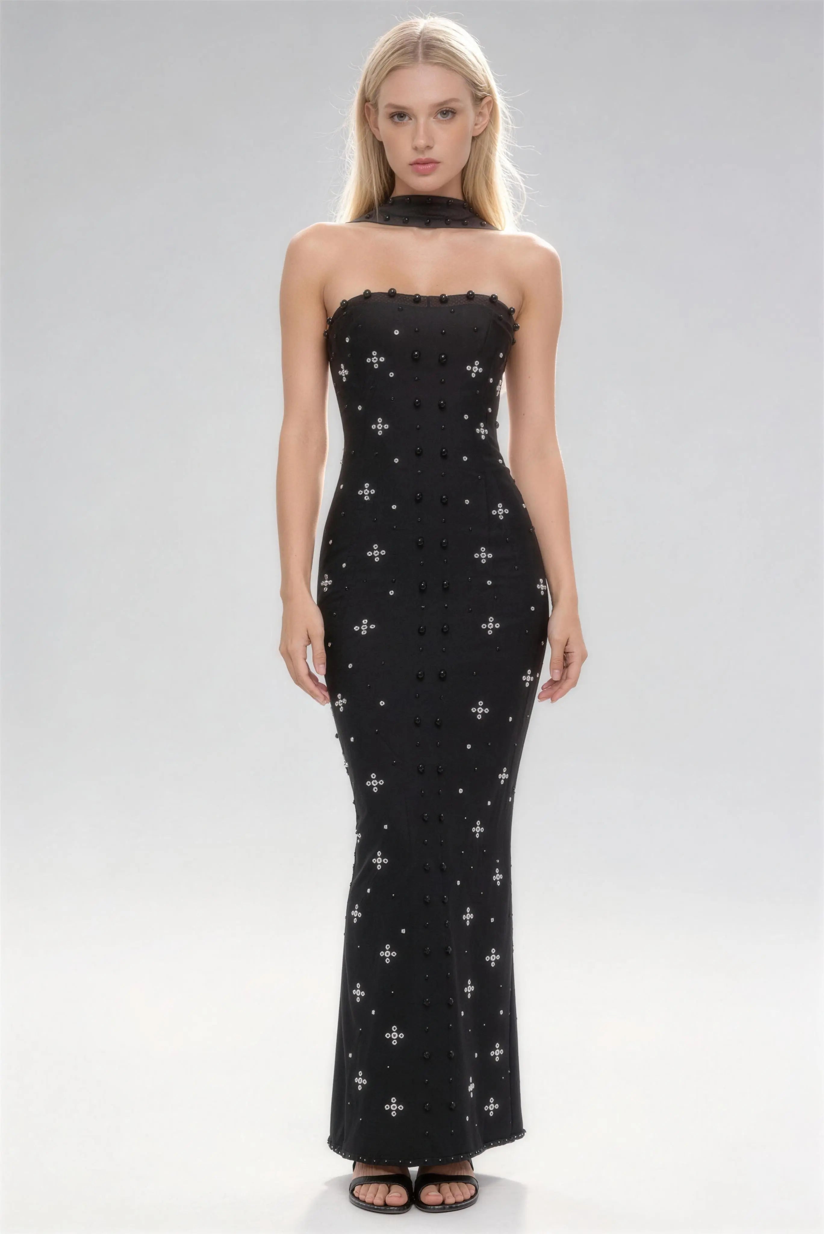 Phoehua Elegant Black Beaded Halter Neck Strapless Mermaid Maxi Dress, Front View High Waist Bodycon Formal Evening Gown