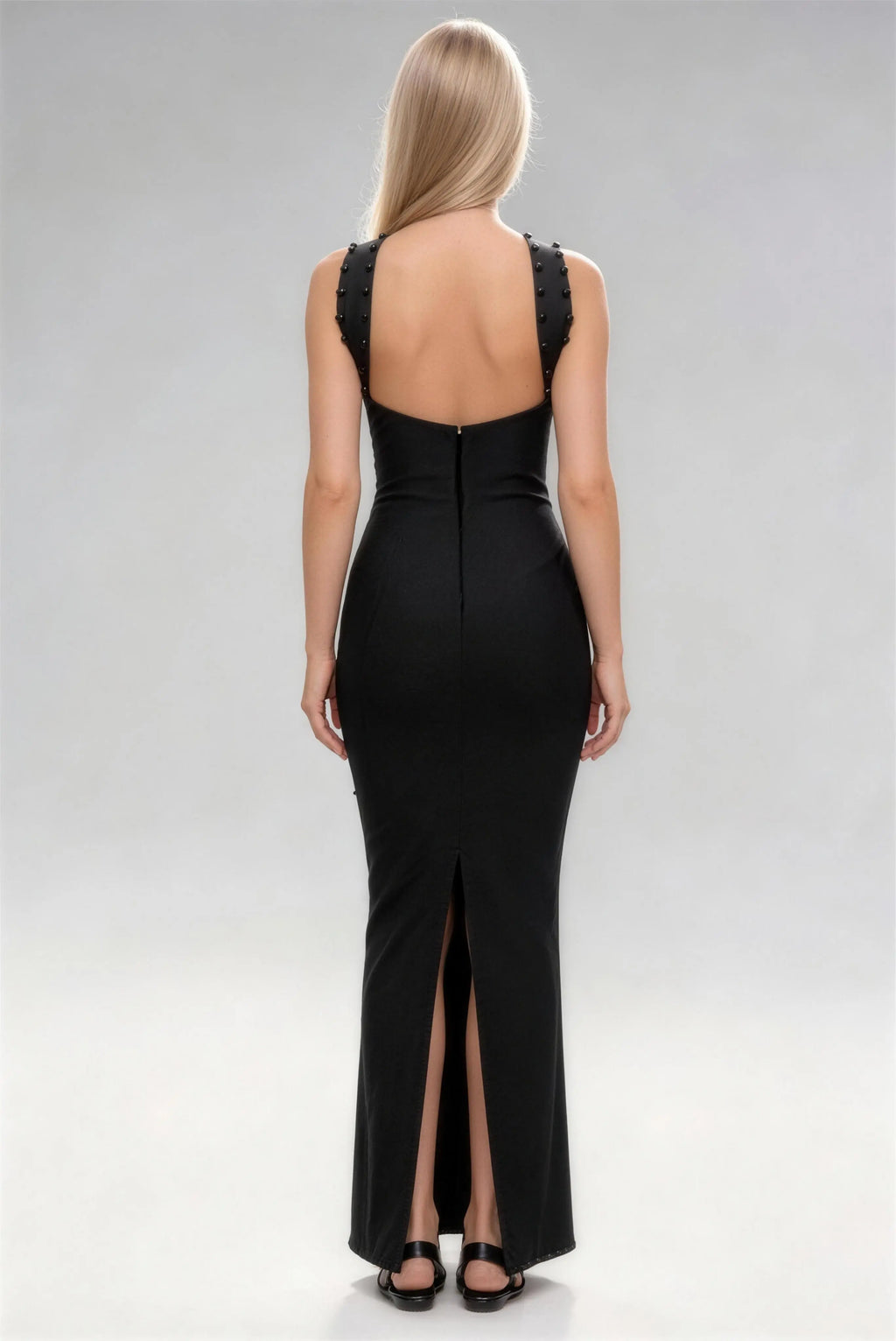Phoehua Luxury Beaded Halter Mermaid Maxi Dress, Back View Backless Formal Cocktail Dress