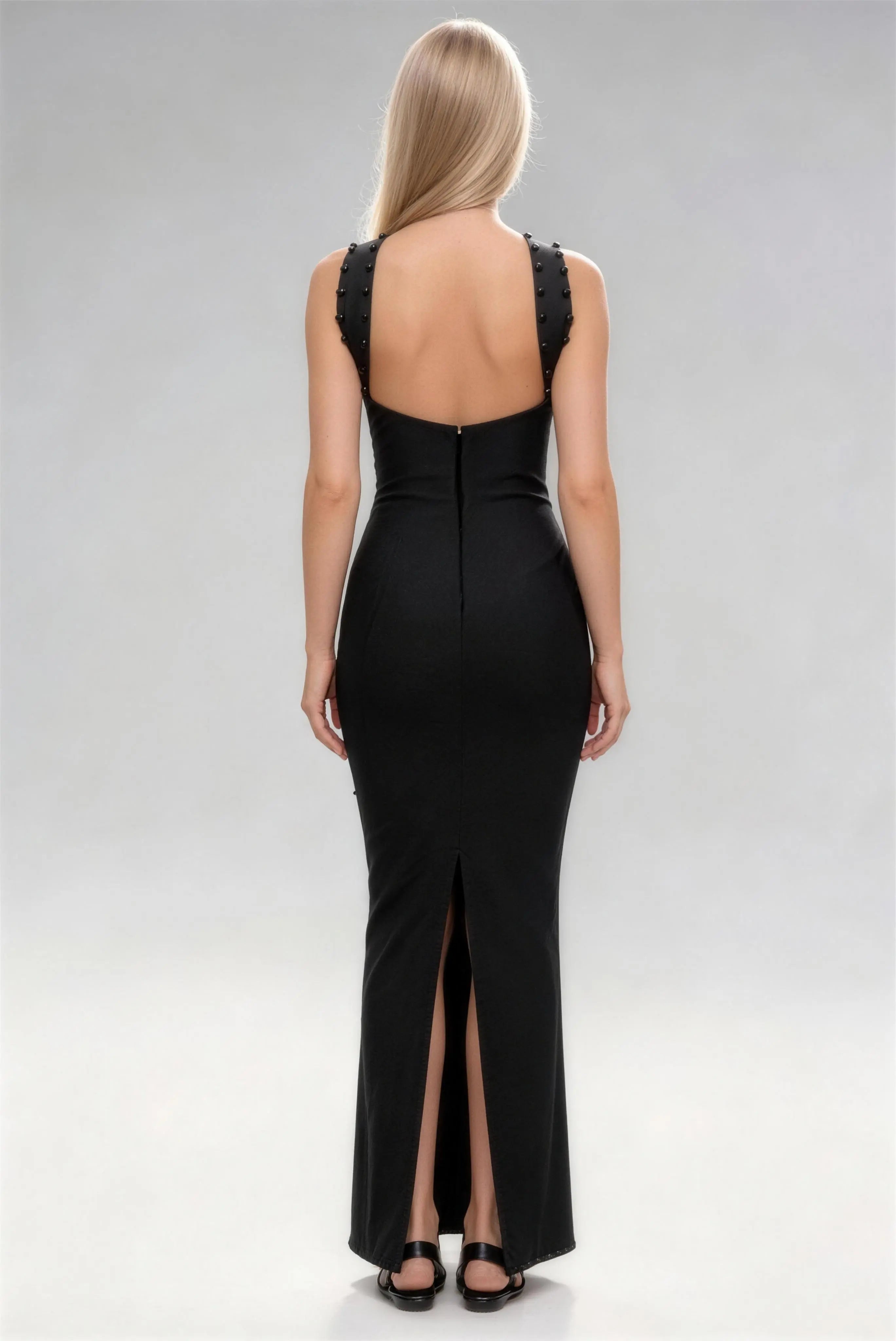 Phoehua Luxury Beaded Halter Mermaid Maxi Dress, Back View Backless Formal Cocktail Dress