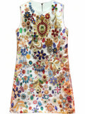 Phoehua Elegant Multicolor Floral Beaded Sleeveless A-Line Mini Dress, Flat Lay View Round Neck Casual Summer Dress