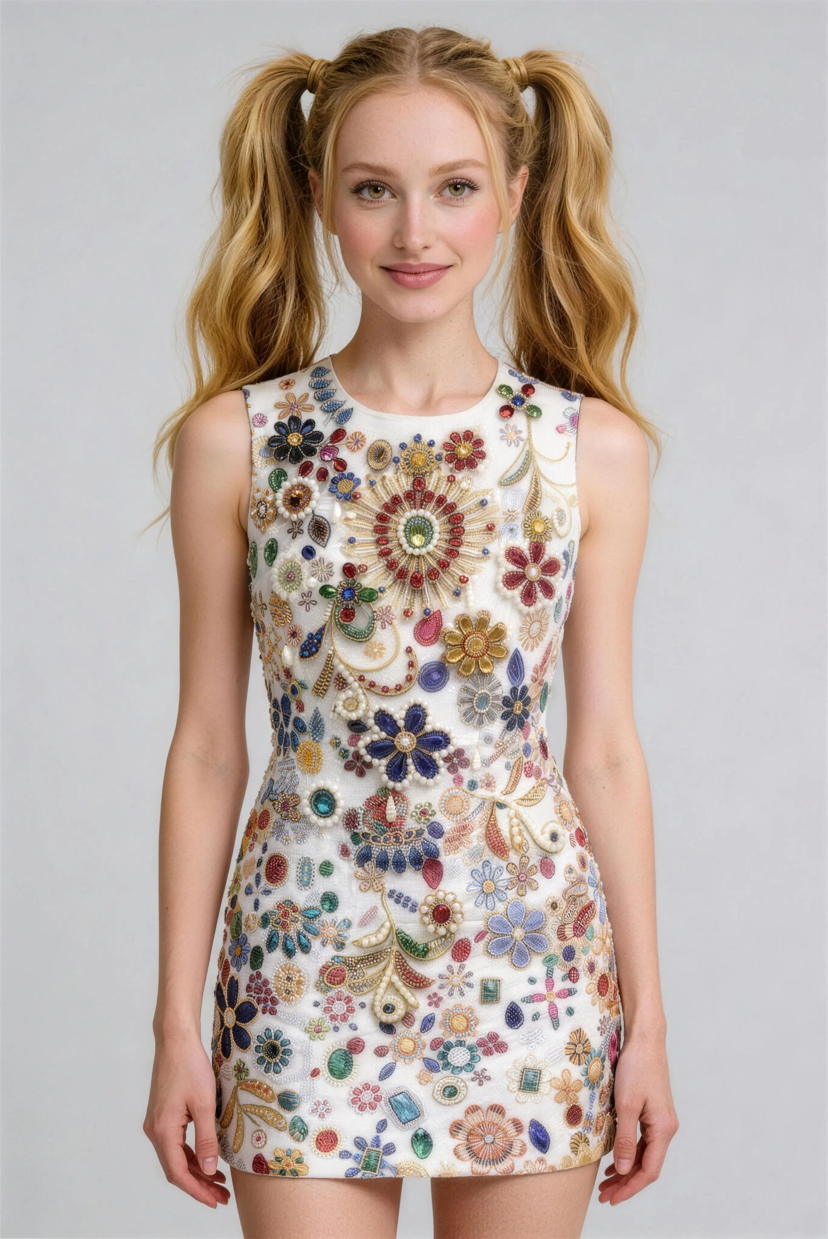 Phoehua Luxury Floral Beaded A-Line Mini Dress, Front View Sleeveless Casual Summer Shift Dress