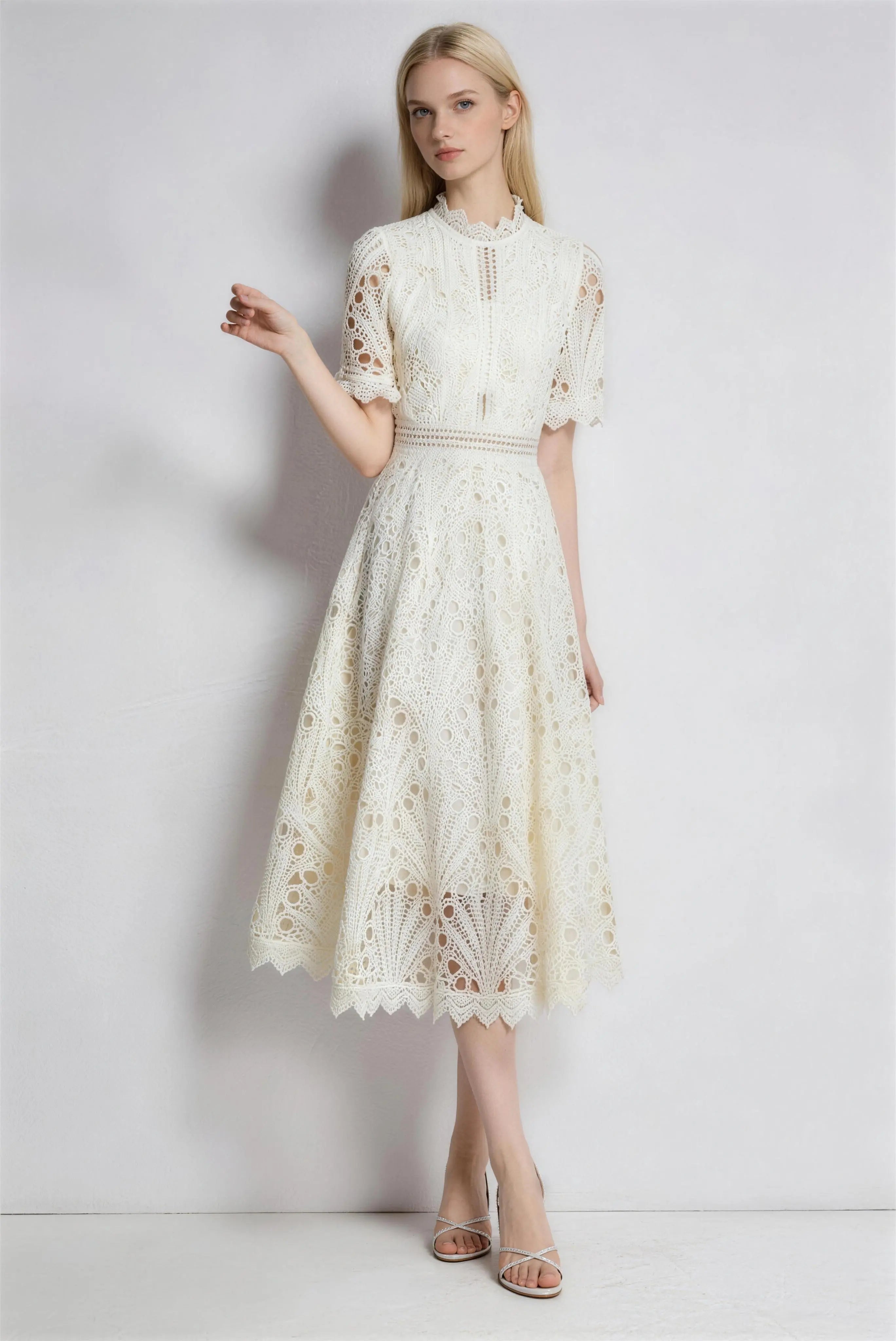 Phoehua Elegant Lace Crochet Midi Dress, Front View High Neck Short Sleeve A-Line Summer Cocktail Gown