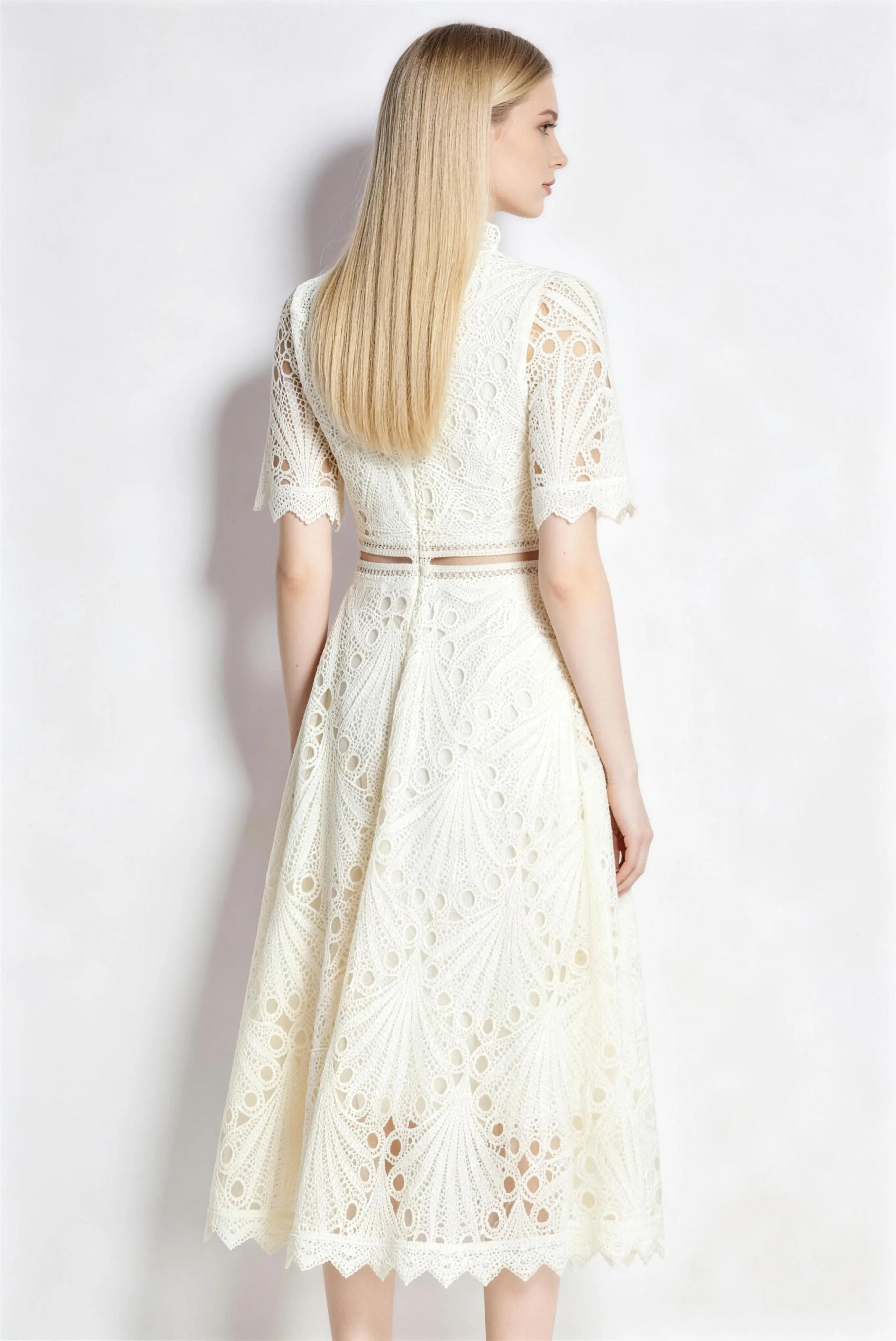 Phoehua Luxury Lace Midi Dress, Back View High Waist A-Line Formal Cocktail Dress
