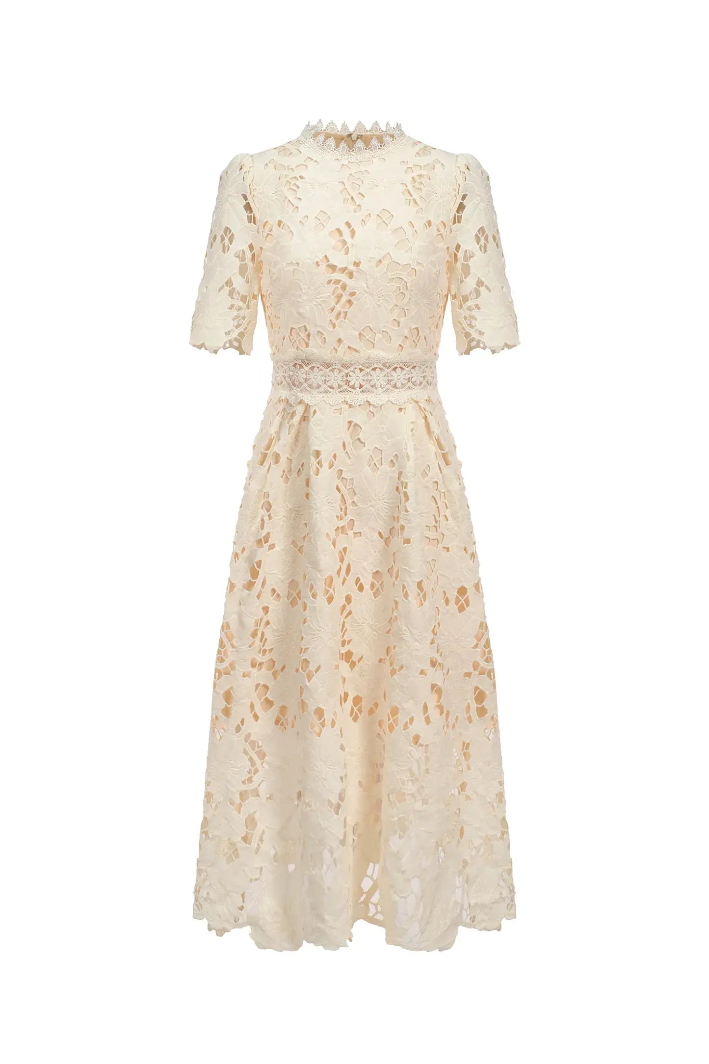 Phoehua Stunning Lace Crochet Midi Dress, Flat Lay View High Neck Casual Summer Dress