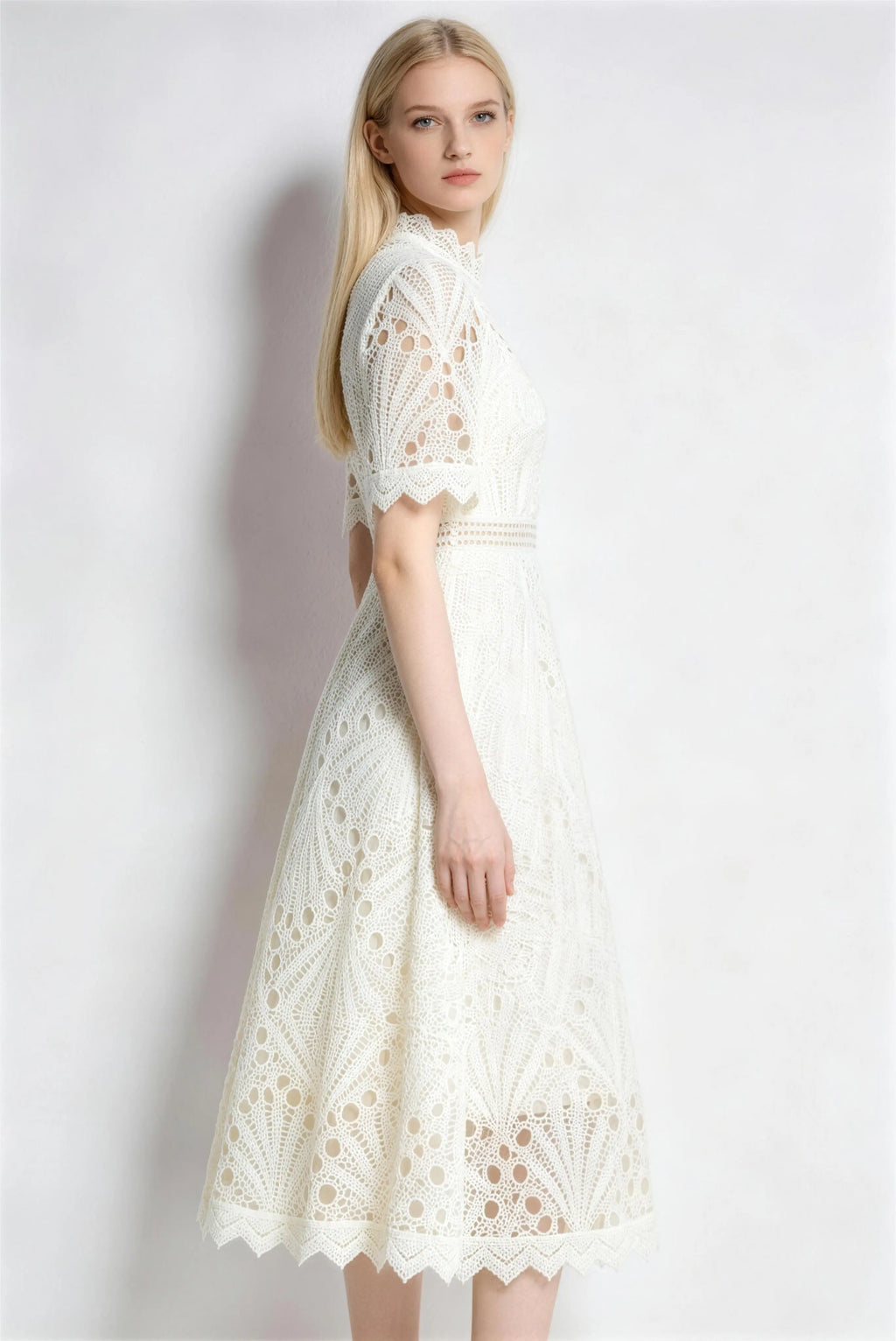 Phoehua Chic High Neck Lace Midi Dress, Side View Short Sleeve A-Line Summer Dress