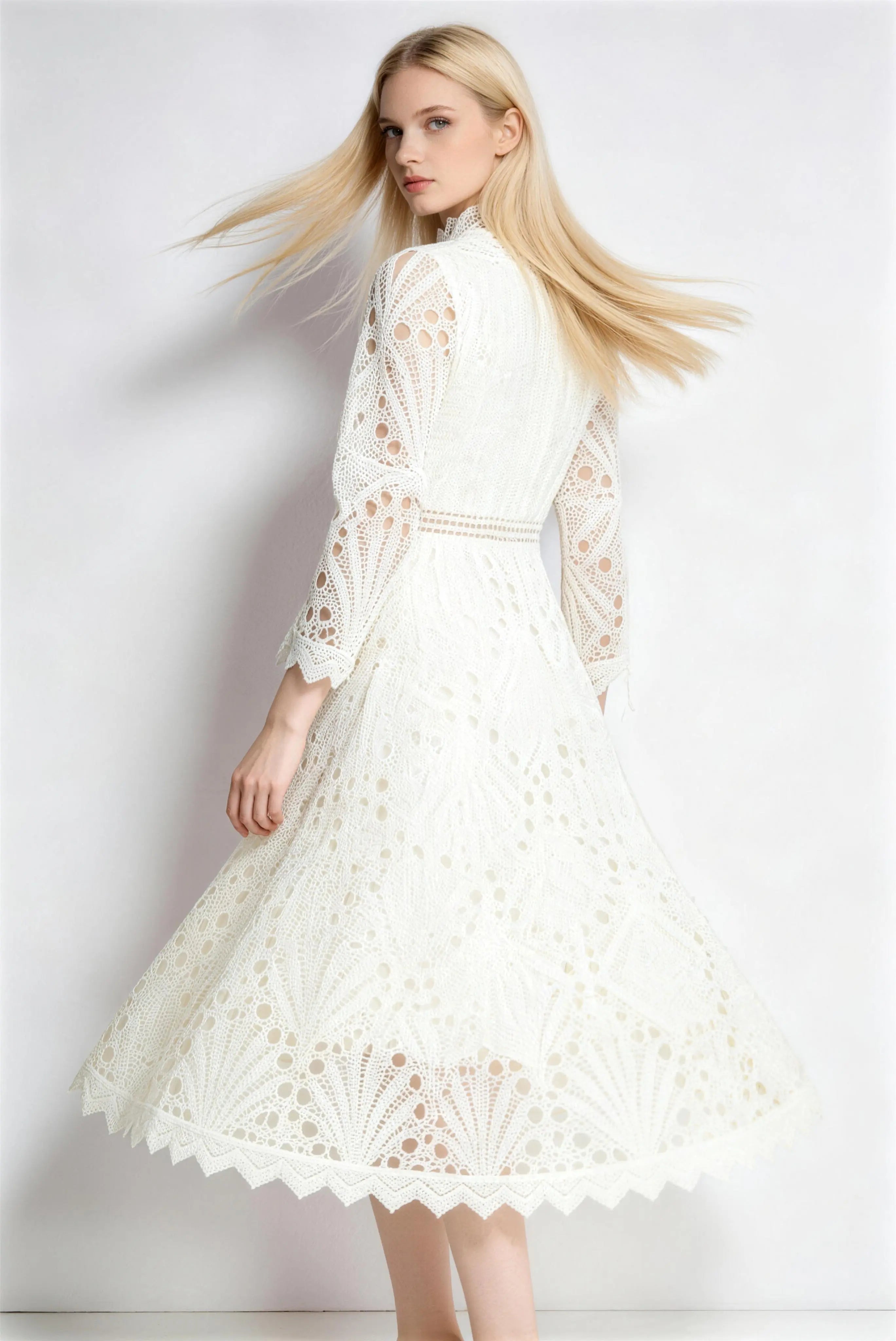 Phoehua Elegant Light Apricot Lace Midi Dress, Walking Pose High Waist Formal Cocktail Gown