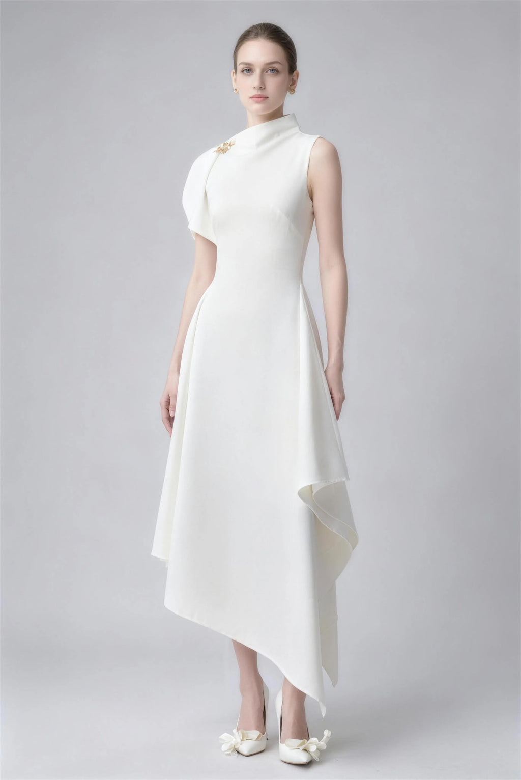 Phoehua Elegant White High Neck Asymmetrical Hem Midi Dress, Front View Sleeveless High Waist Flowy Formal Cocktail Gown