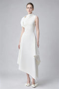 Phoehua Elegant White High Neck Asymmetrical Hem Midi Dress, Front View Sleeveless High Waist Flowy Formal Cocktail Gown
