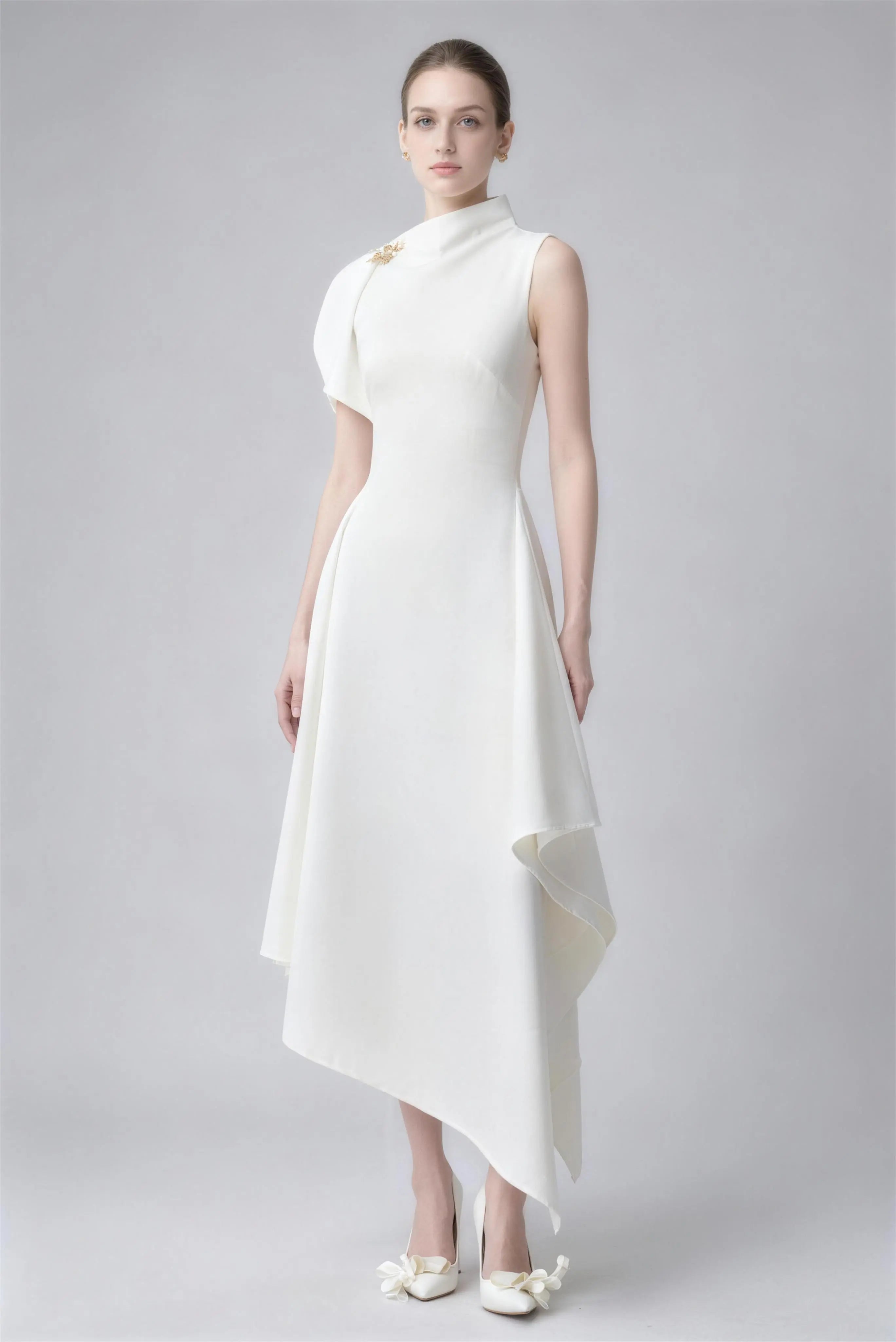 Phoehua Elegant White High Neck Asymmetrical Hem Midi Dress, Front View Sleeveless High Waist Flowy Formal Cocktail Gown
