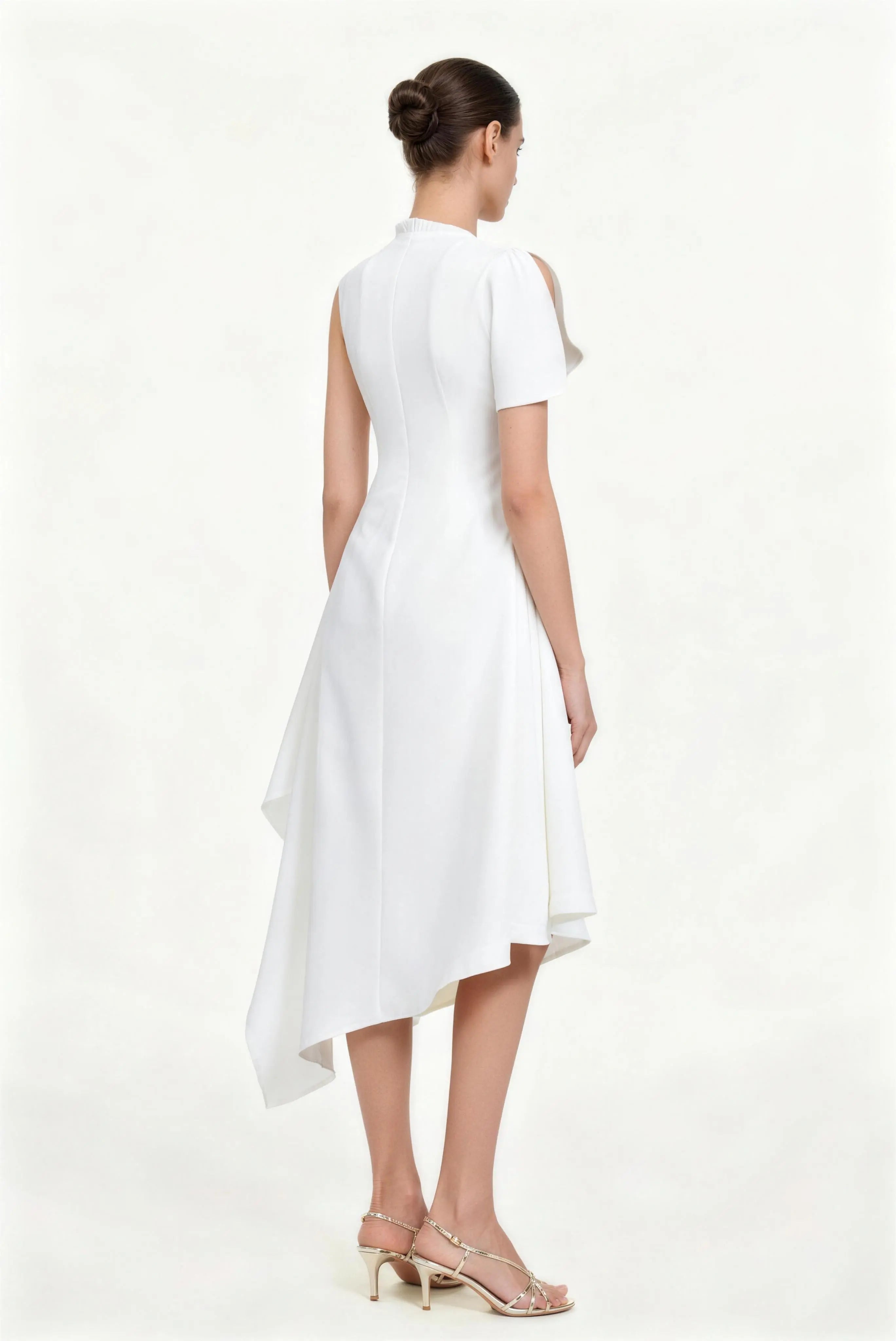 Phoehua Luxury High Neck Asymmetrical Midi Dress, Back View Sleeveless Formal Cocktail Dress