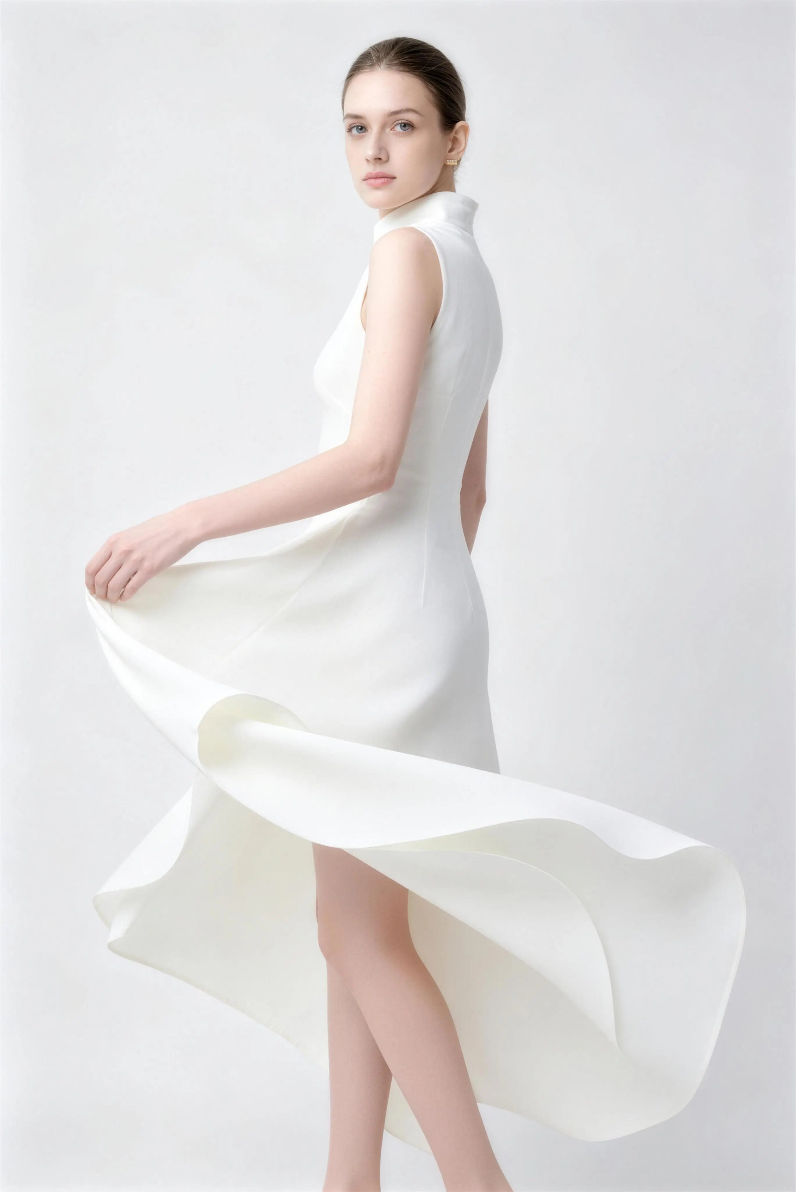 Phoehua Stunning White Asymmetrical Hem Midi Dress, Twisting Pose High Waist Formal Evening Gown