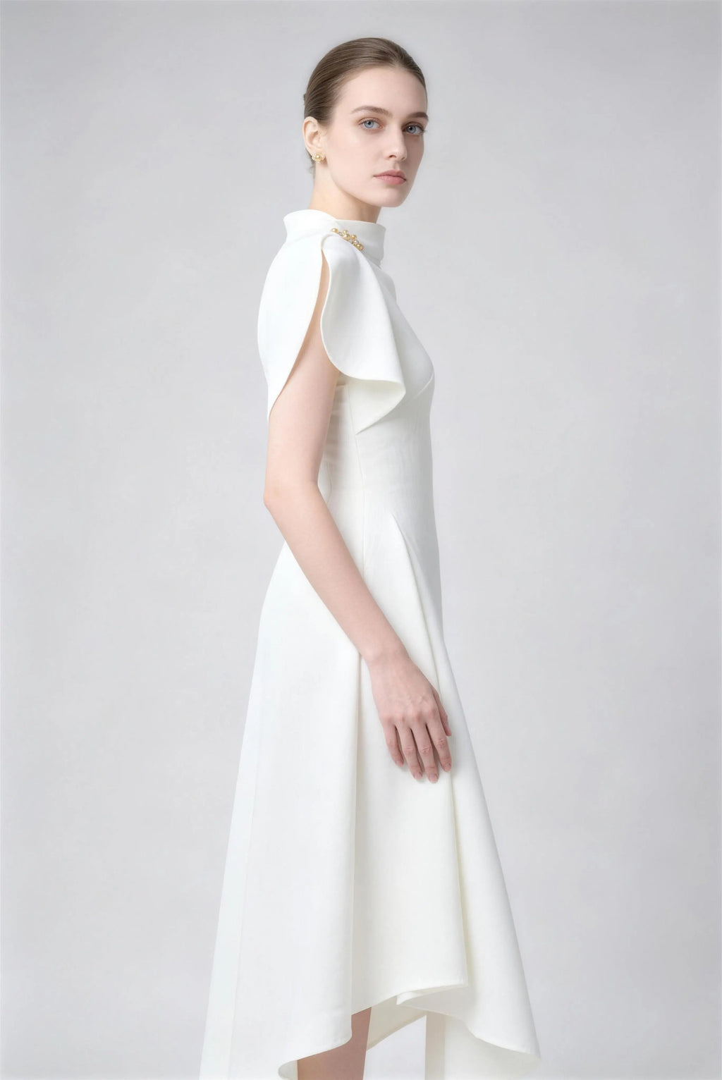 Phoehua Chic High Neck Cape Sleeve Midi Dress, Side View Sleeveless Flowy Formal Cocktail Dress