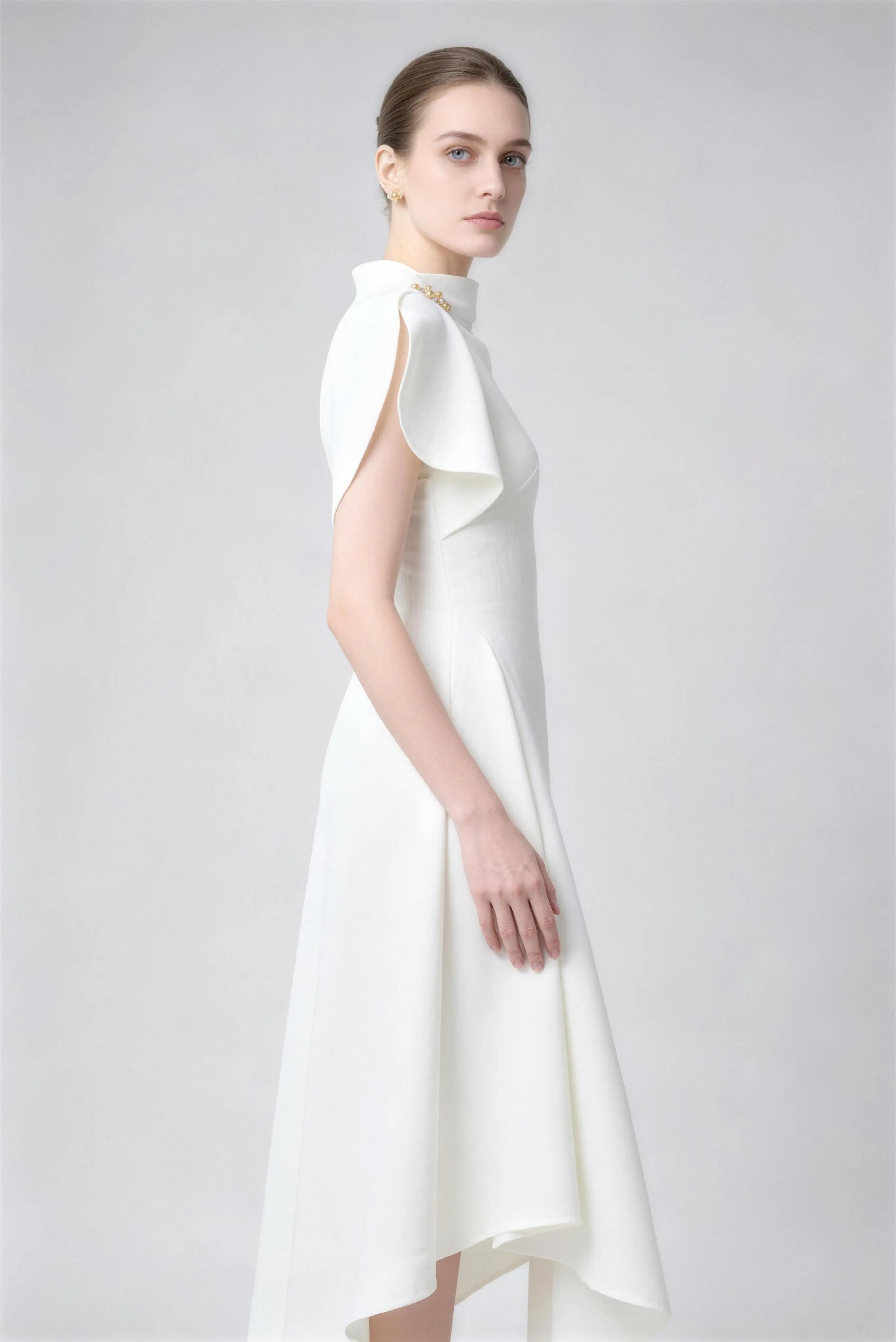 Phoehua Chic High Neck Cape Sleeve Midi Dress, Side View Sleeveless Flowy Formal Cocktail Dress
