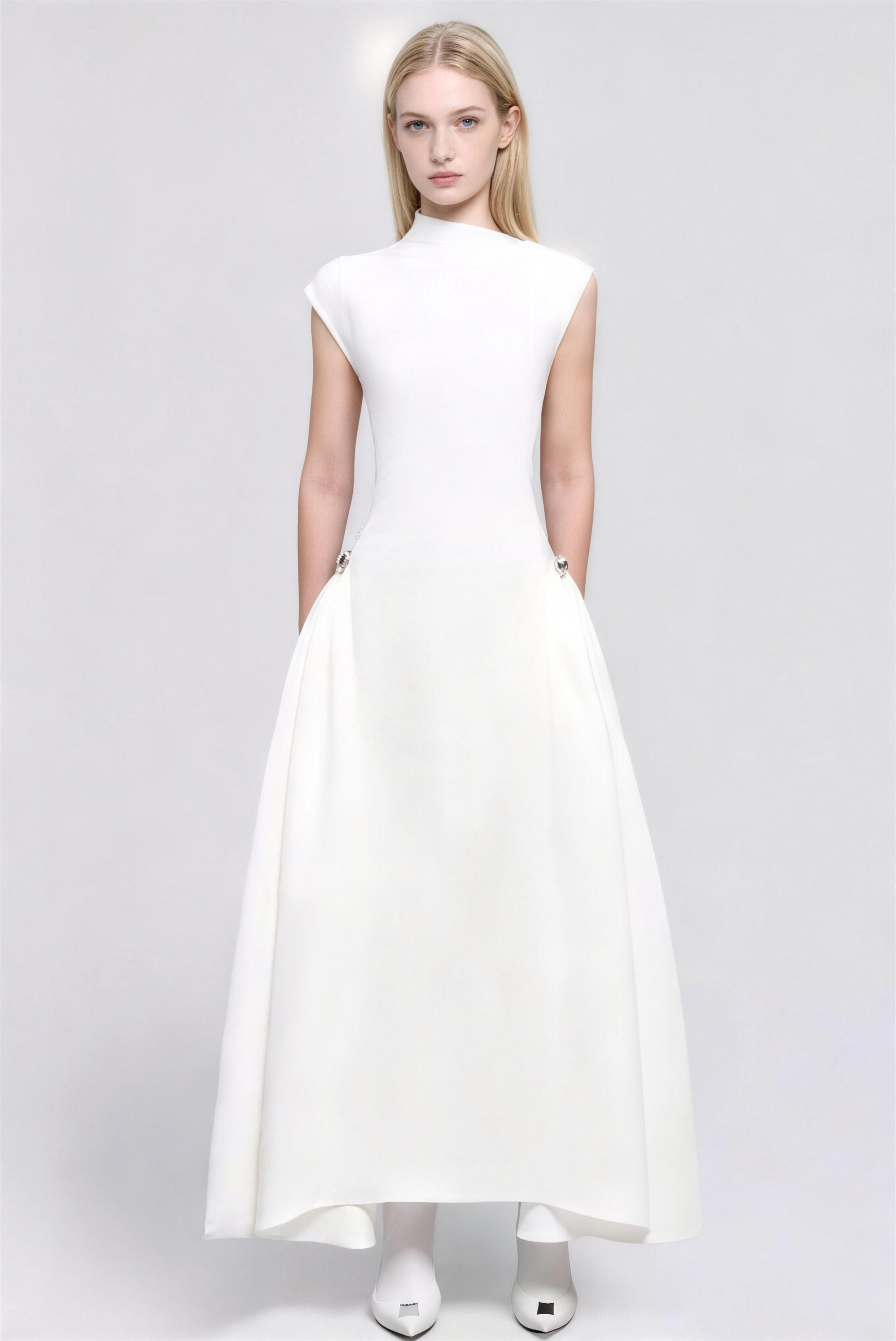 Phoehua Elegant White High Neck Sleeveless Maxi Dress, Front View Fitted Bodice Flared Skirt Formal Cocktail Gown with Pockets