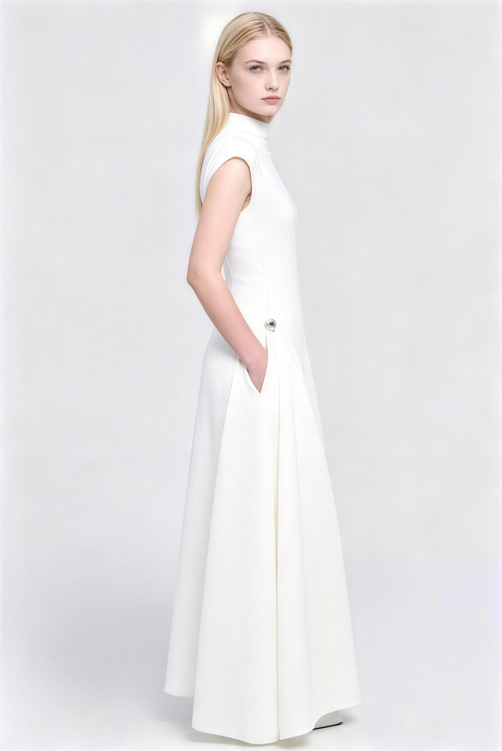 Phoehua Stunning White High Neck Maxi Dress, Side View Fitted Bodice Flared Skirt Formal Evening Gown