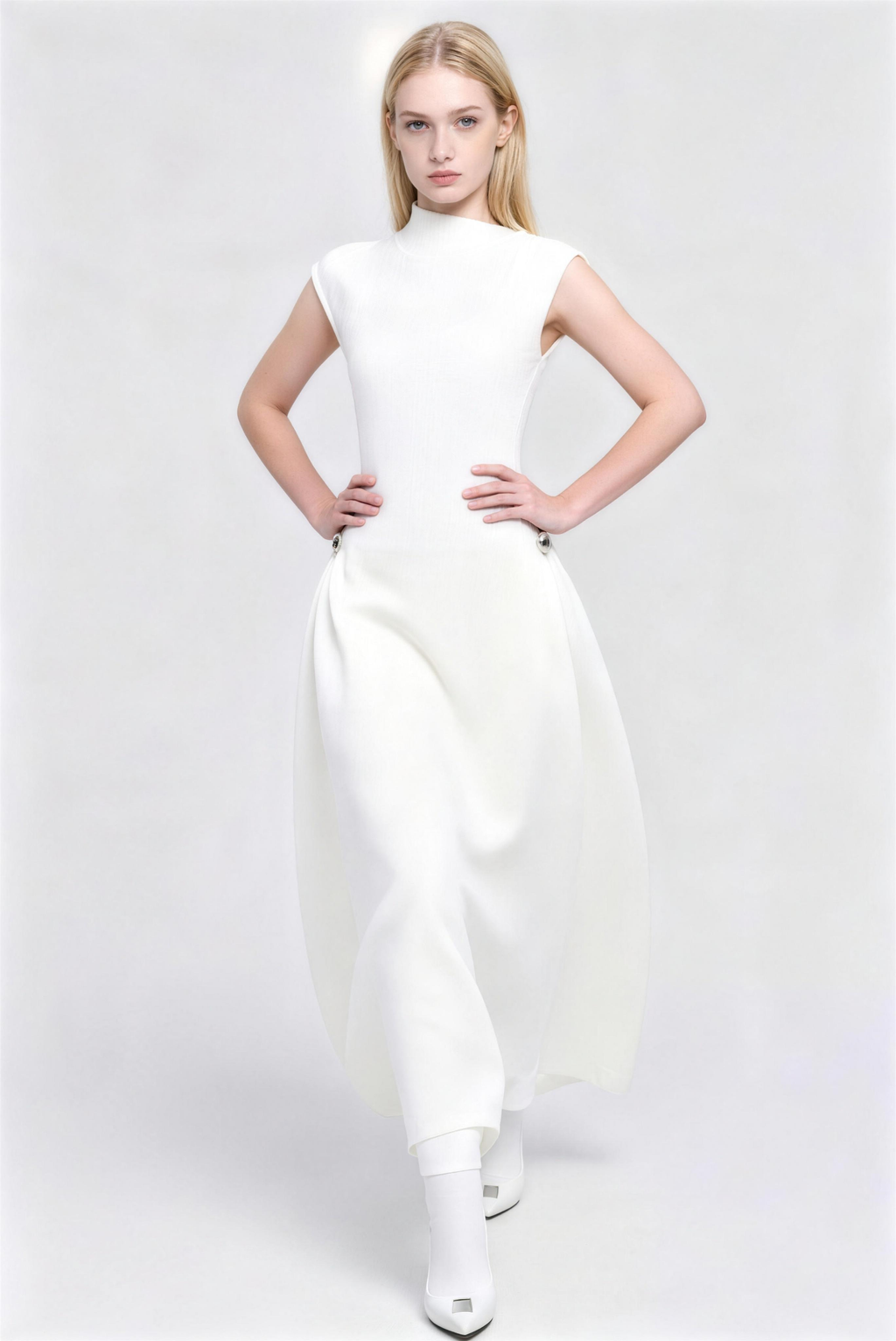 Phoehua Chic High Neck Sleeveless Maxi Dress, Front Pose Fitted Bodice Flared Skirt Formal Cocktail Gown