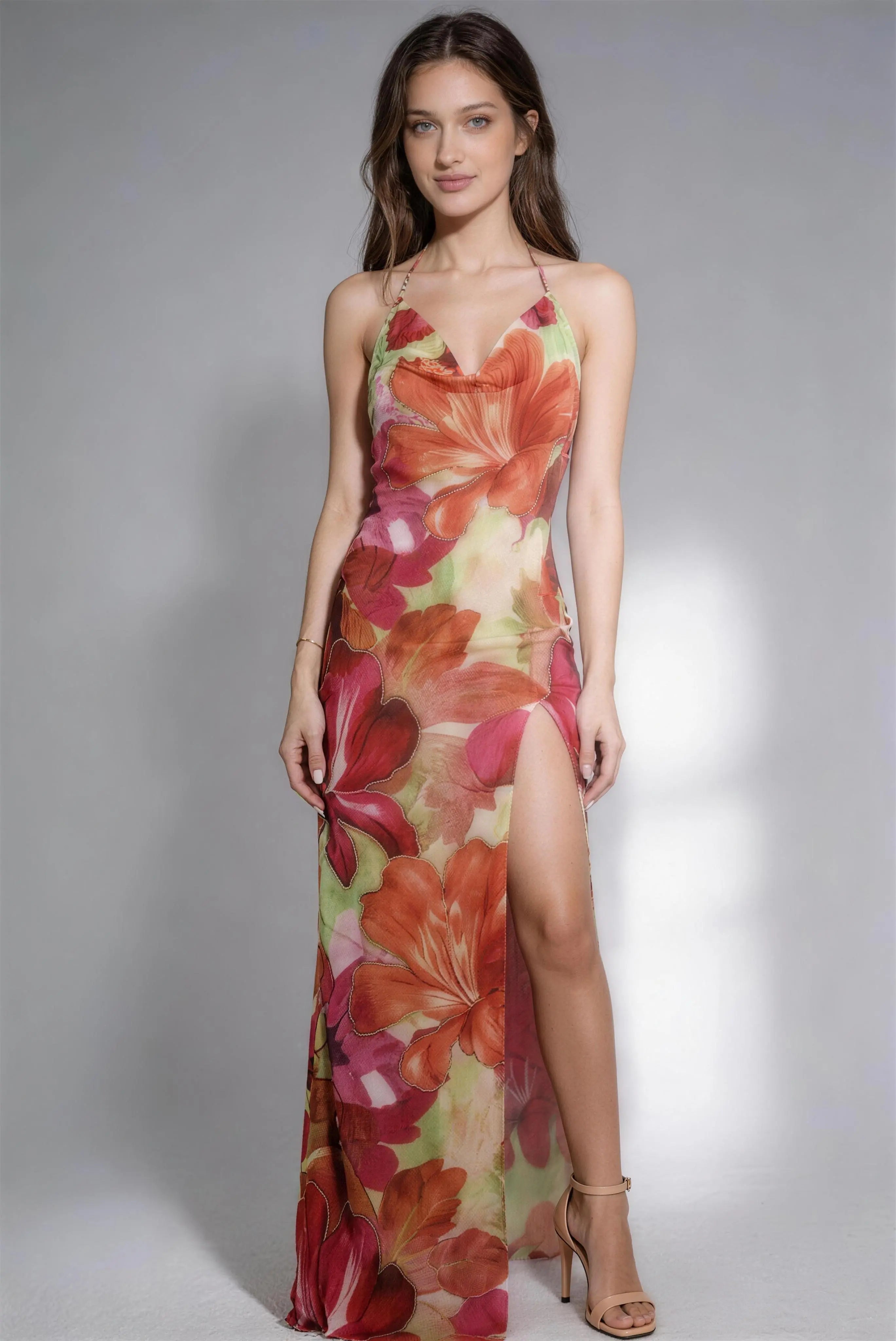 Phoehua Red Floral Print Halter Neck Maxi Dress, Front View Backless High Slit Chiffon Bodycon Evening Gown