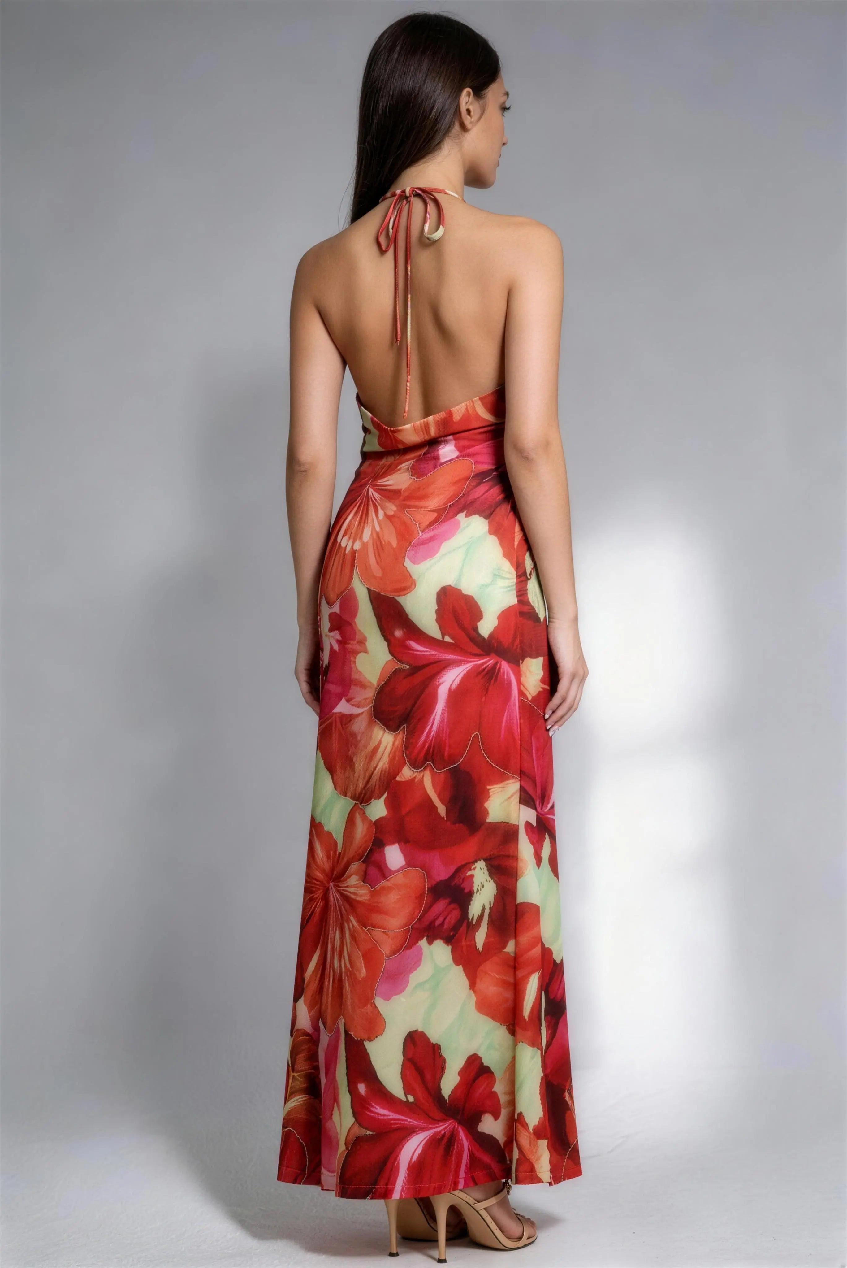 Phoehua Vibrant Floral Halter Maxi Dress, Back View Open Back Tie Closure Formal Cocktail Dress
