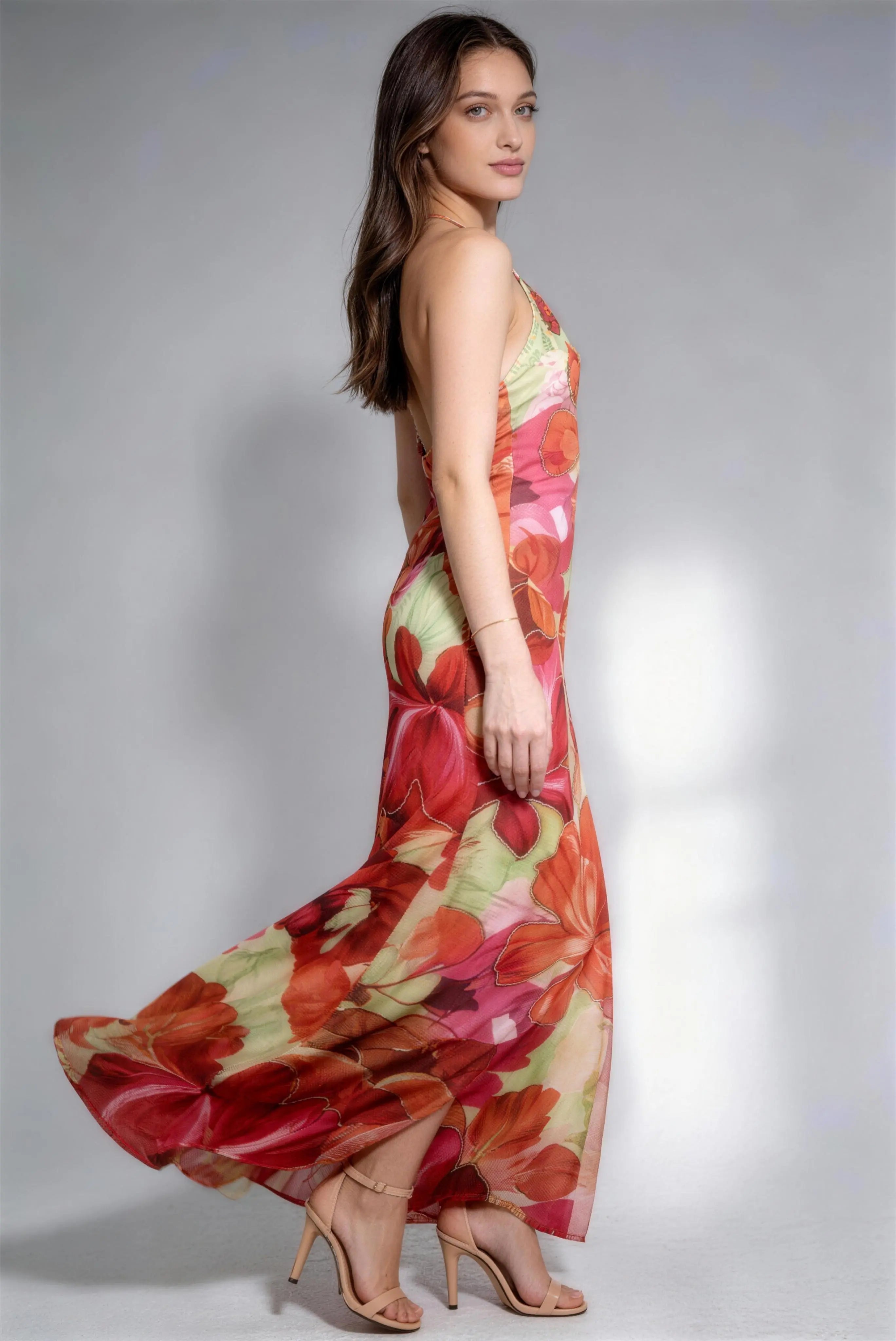Phoehua Stylish Red Floral Chiffon Maxi Dress, Side View High Waist High Slit Evening Gown
