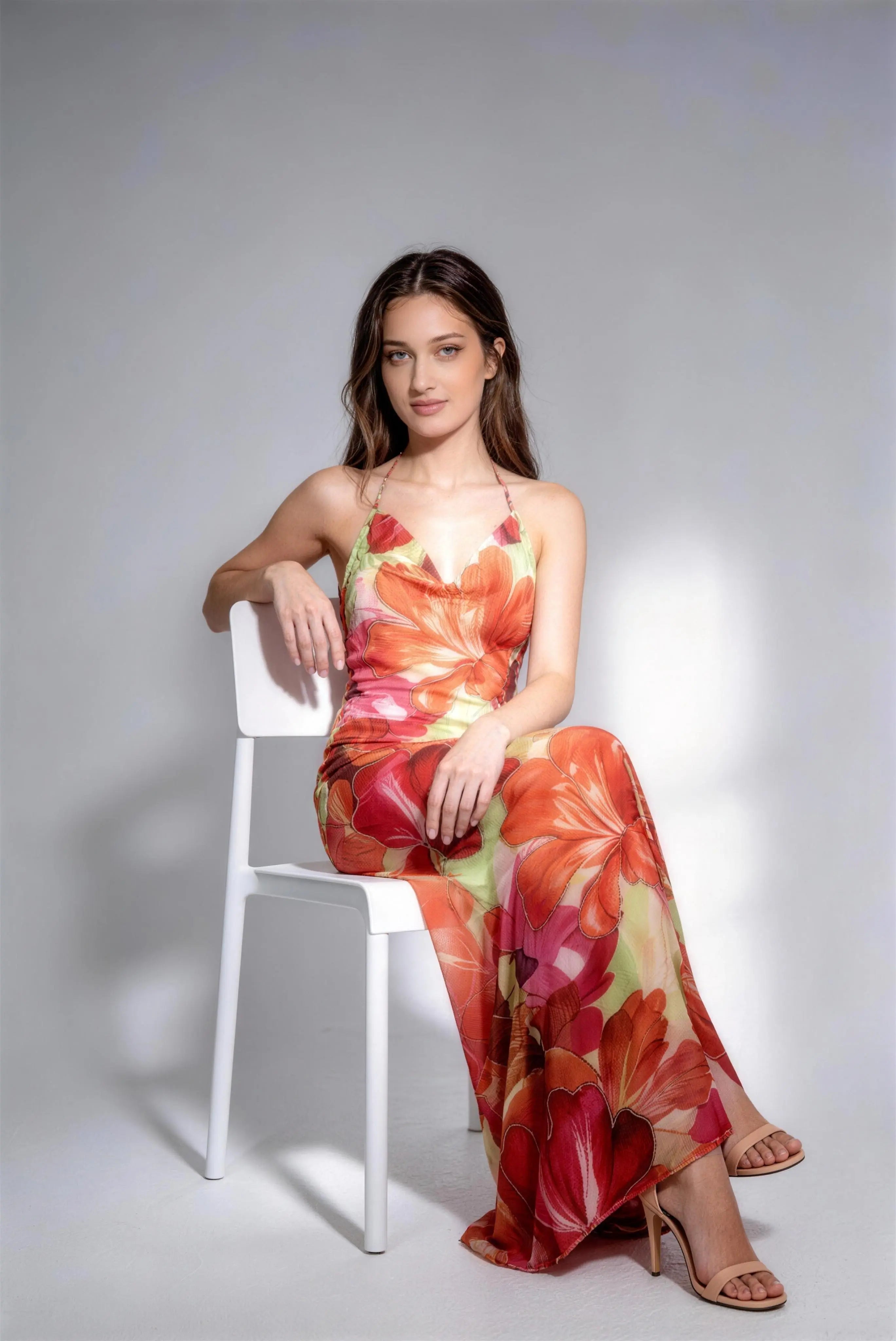 Phoehua Chic Floral Halter Backless Maxi Dress, Sitting Pose Elegant Formal Cocktail Dress