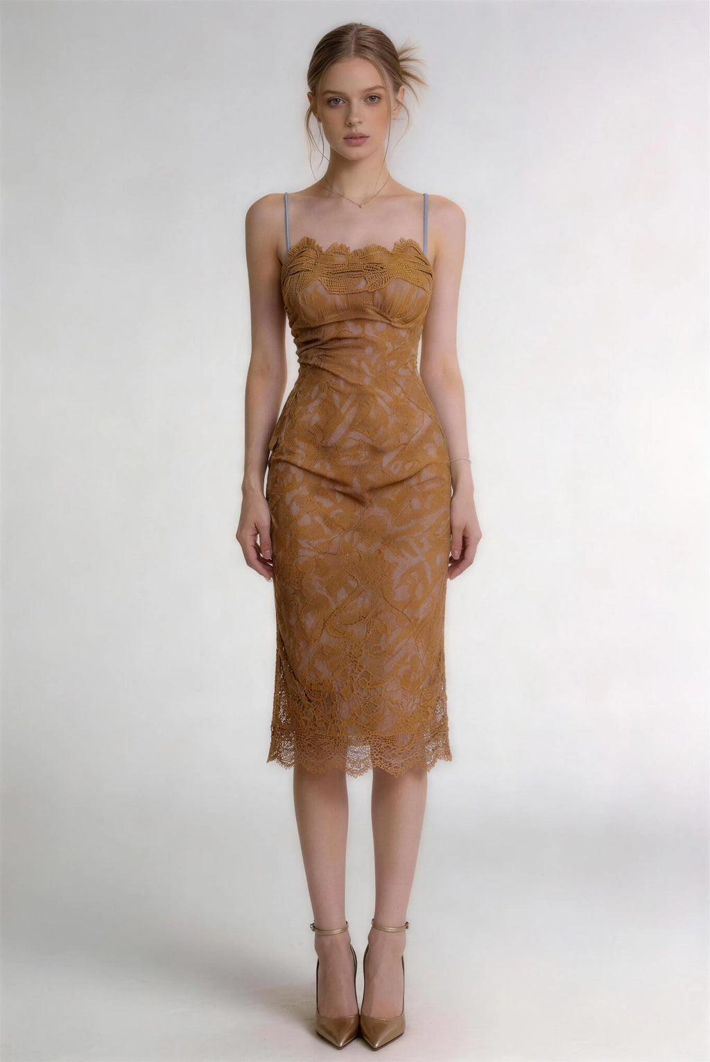 Phoehua Mustard Yellow Lace Midi Dress, Front View Spaghetti Strap Criss Cross Back Bodycon French Style Dress