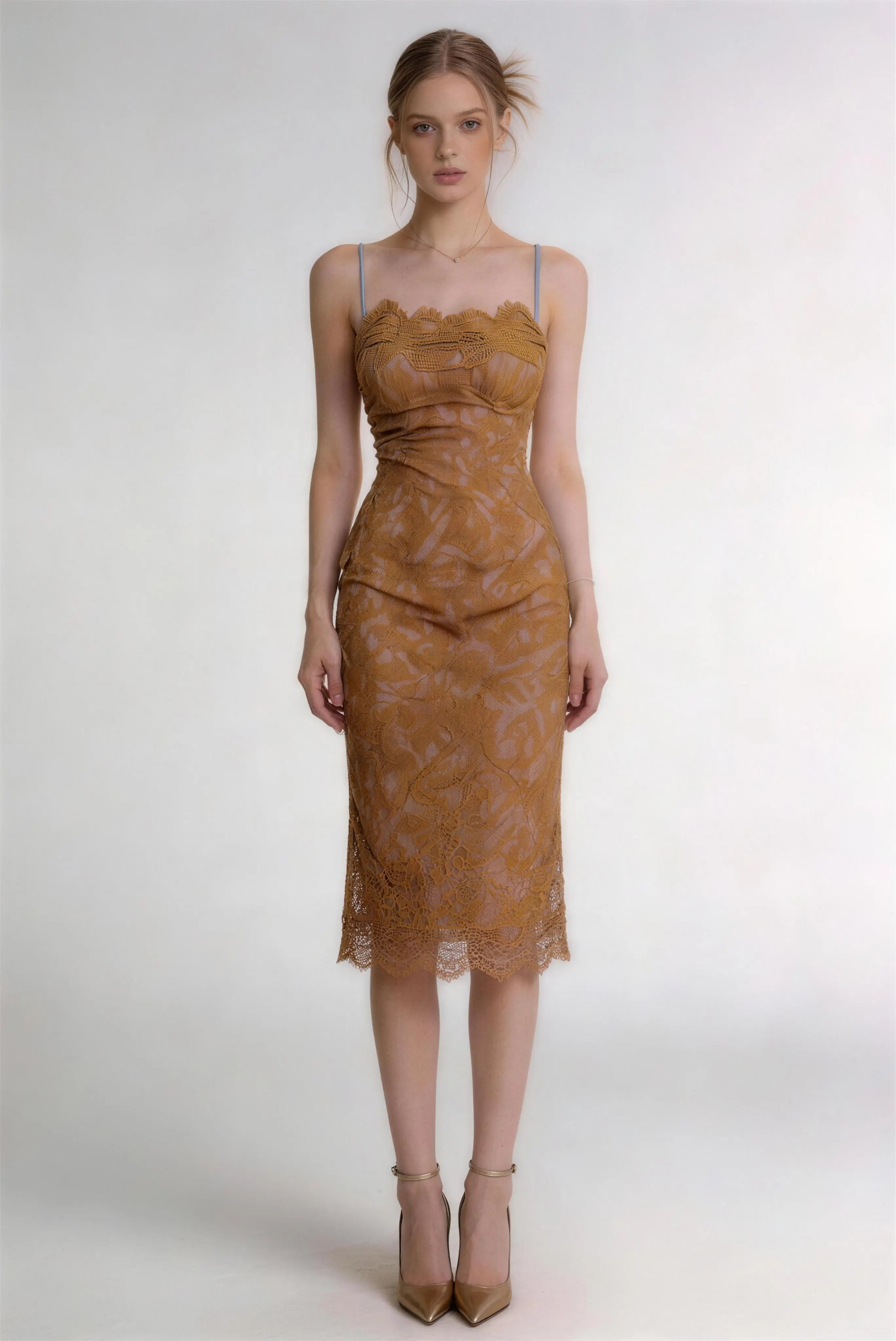 Phoehua Mustard Yellow Lace Midi Dress, Front View Spaghetti Strap Criss Cross Back Bodycon French Style Dress