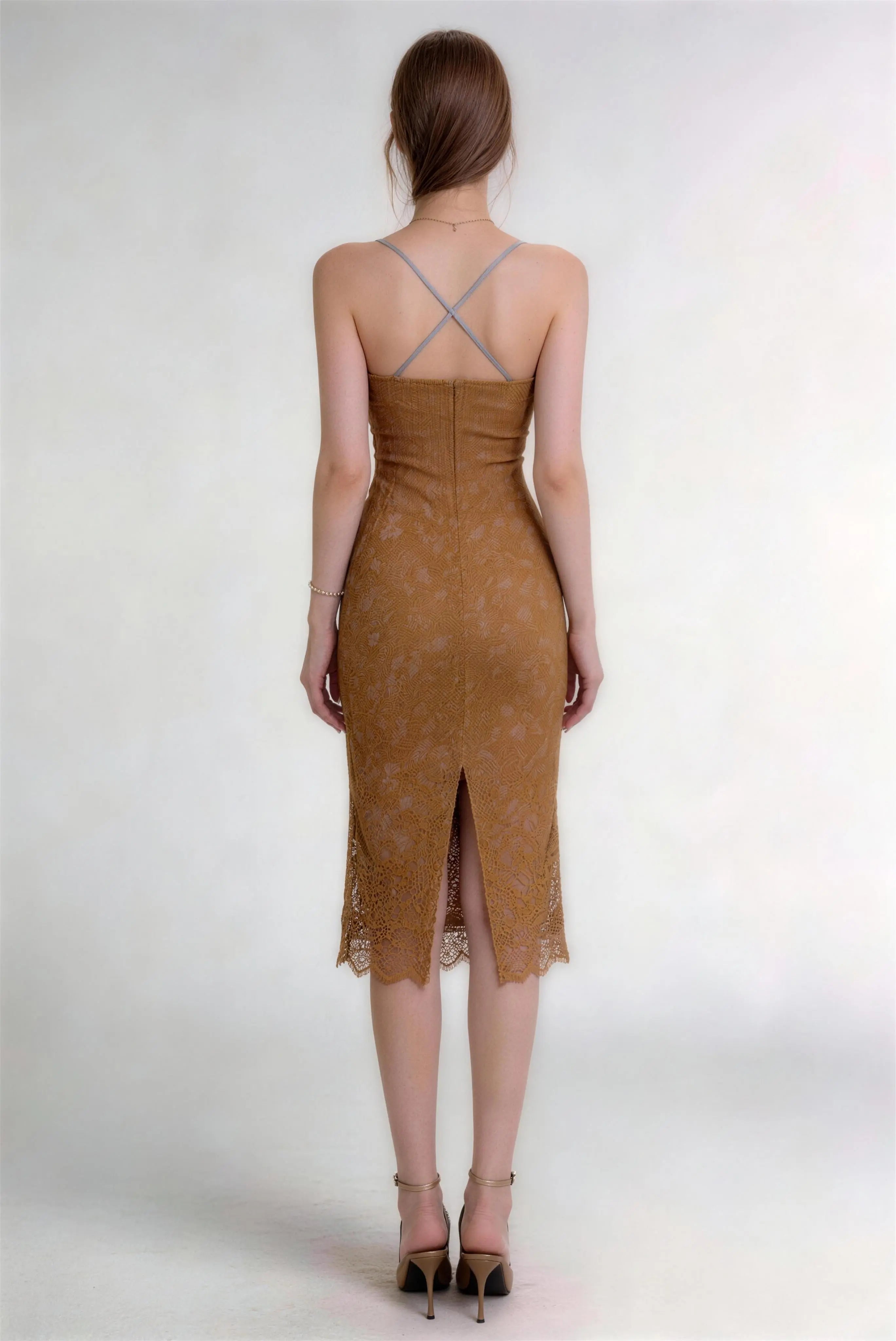 Phoehua Elegant Mustard Lace Bodycon Dress, Back View Criss Cross Spaghetti Straps Midi Dress