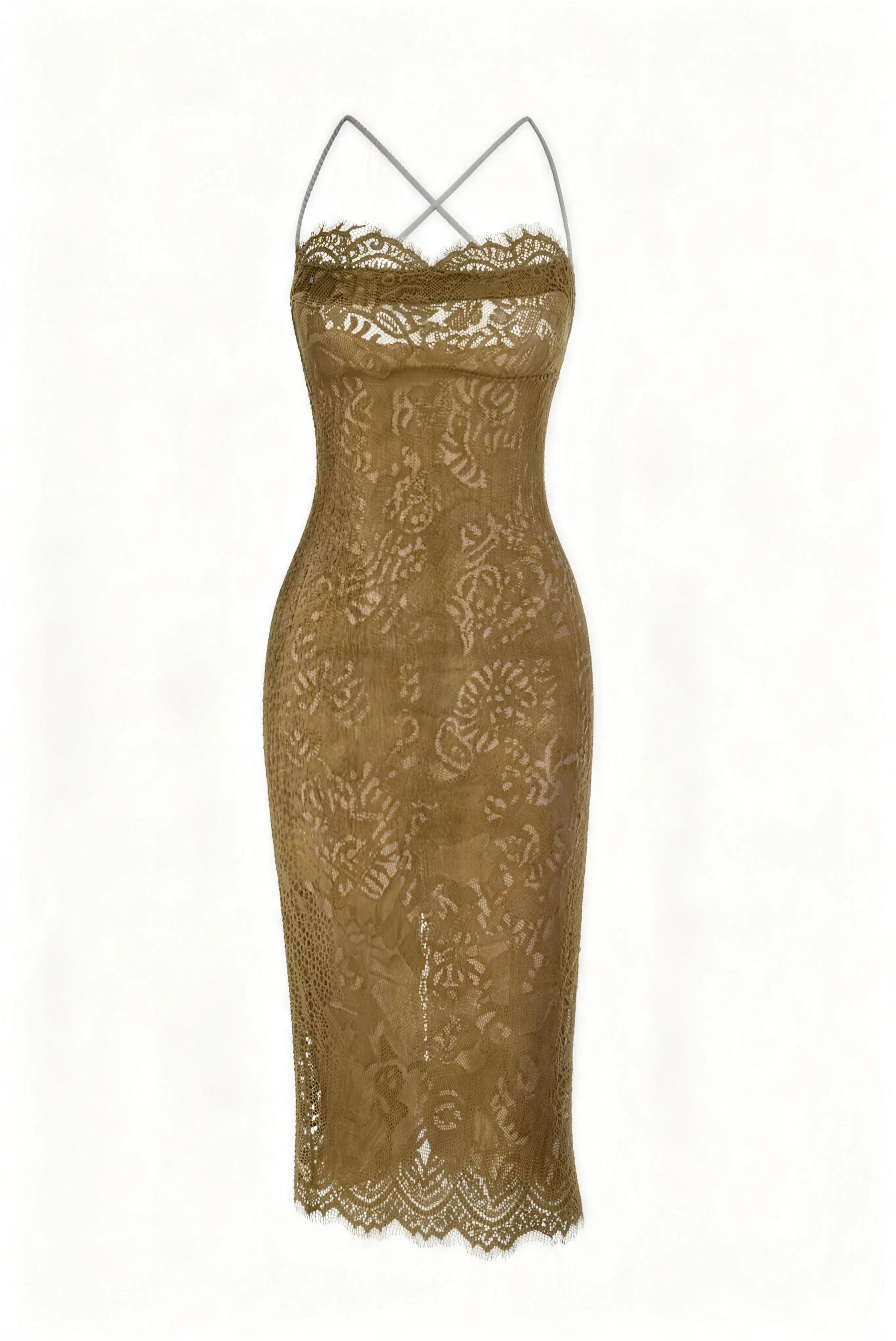 Mustard Lace Criss Cross Back Midi Dress