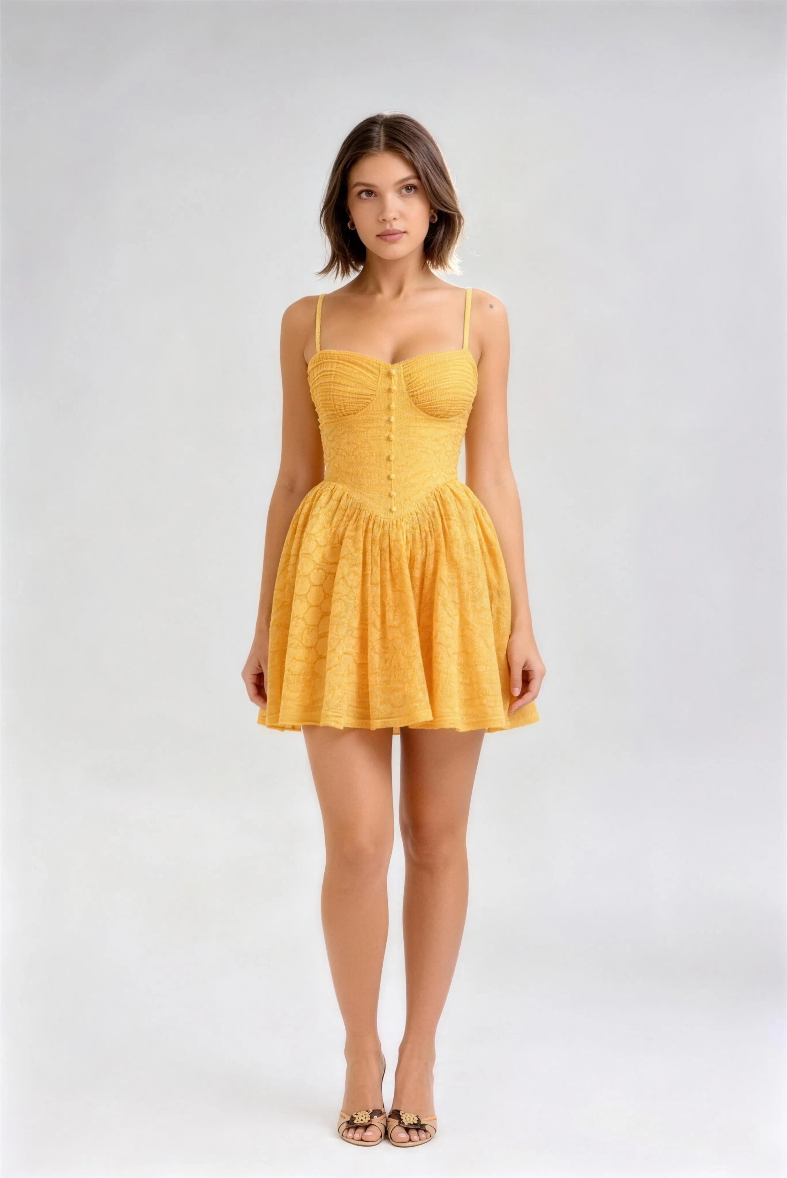 Yellow Lace Corset Spaghetti Strap Mini Dress