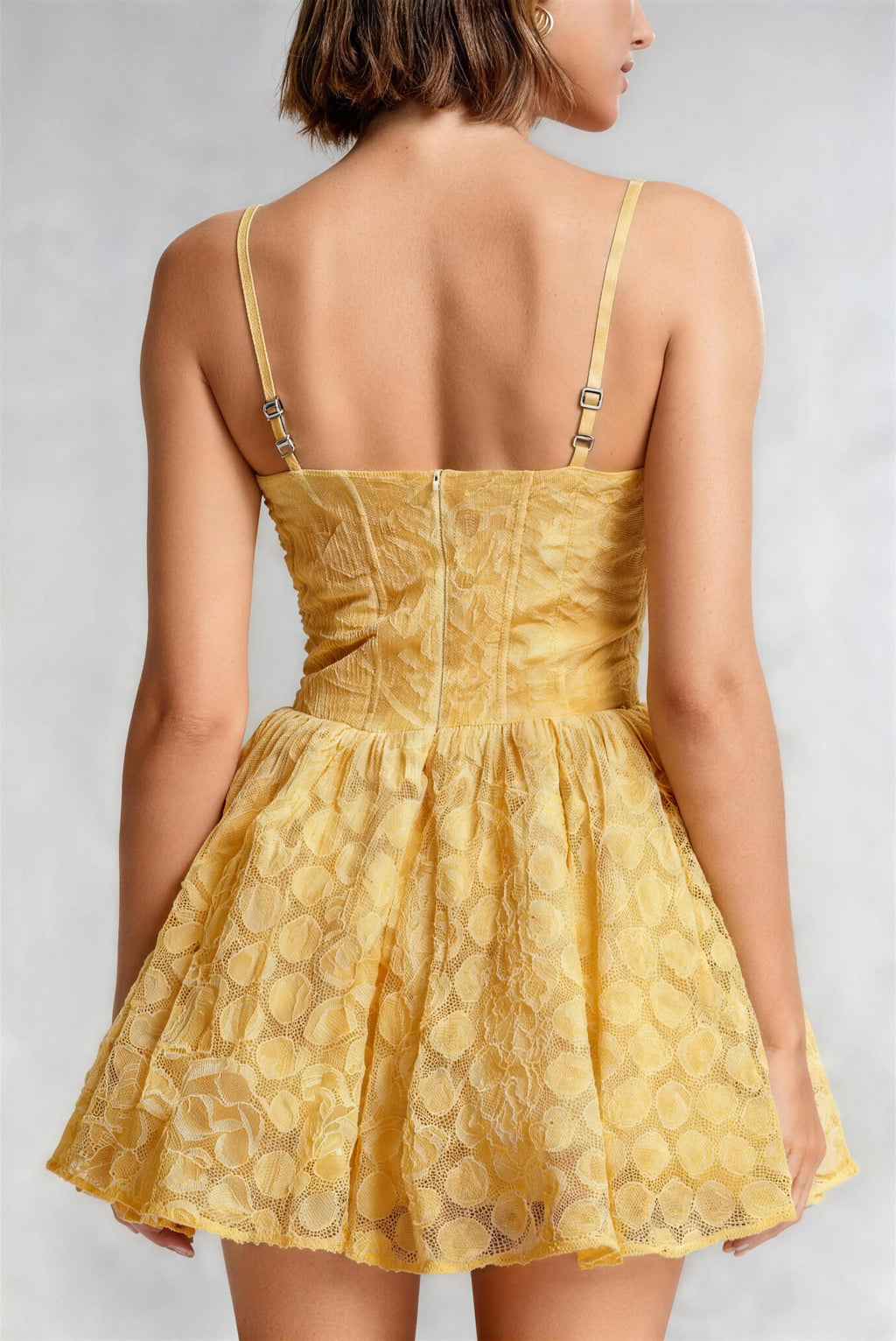 Yellow Lace Corset Spaghetti Strap Mini Dress