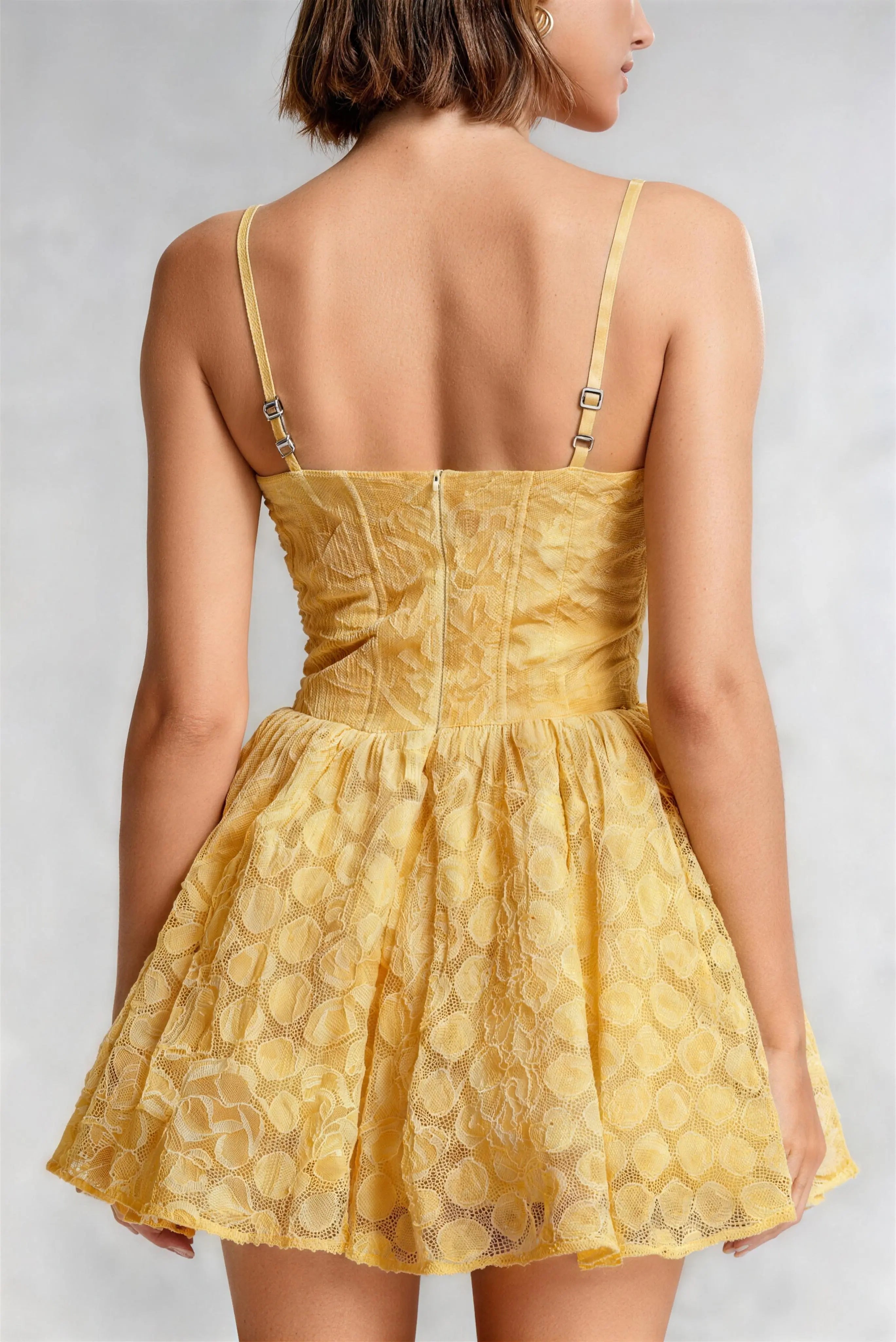 Yellow Lace Corset Spaghetti Strap Mini Dress